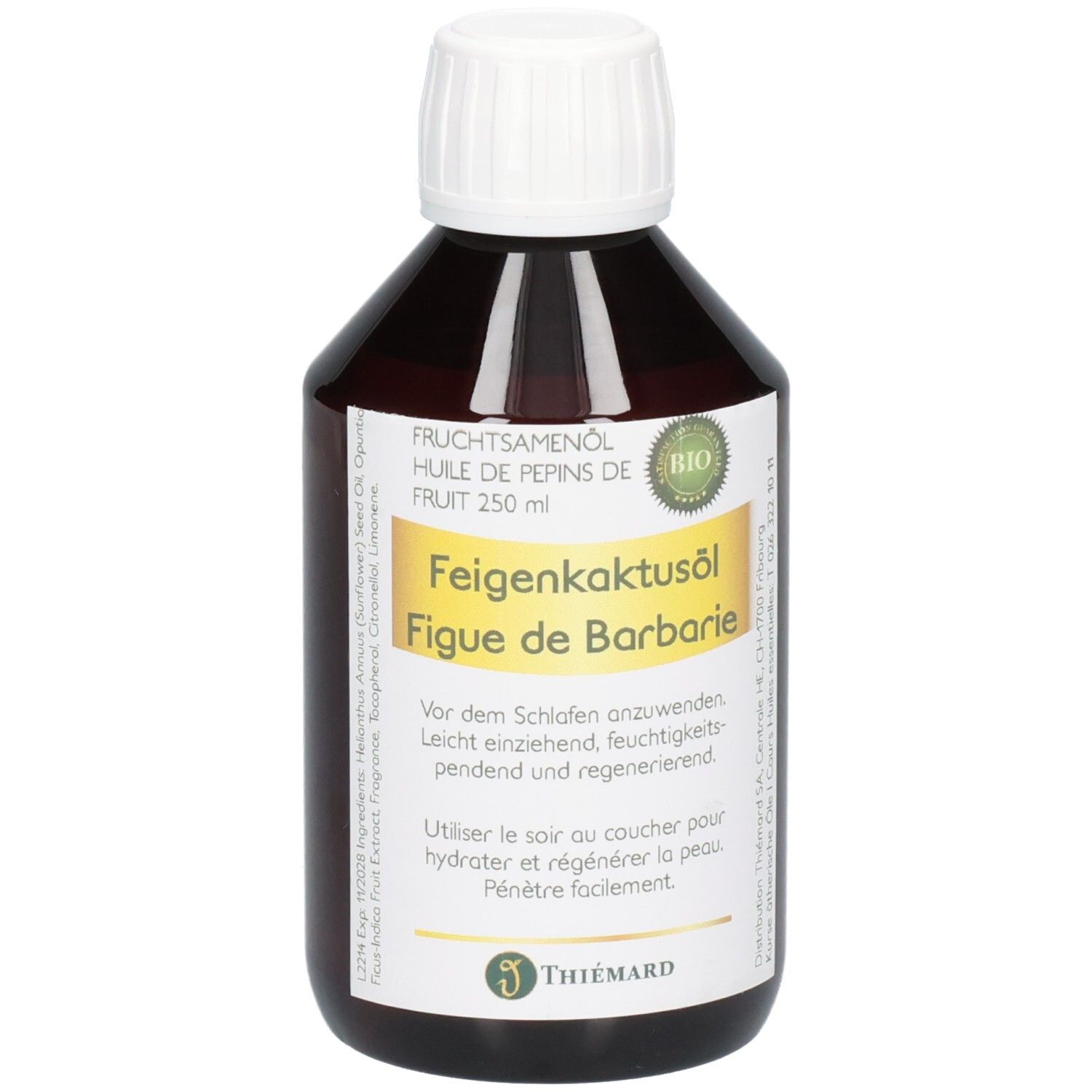 Braune Glasflasche mit weißem Schraubverschluss, gefüllt mit Feigenkaktusöl. Enthält 250 ml. Marke: THIEMARD.