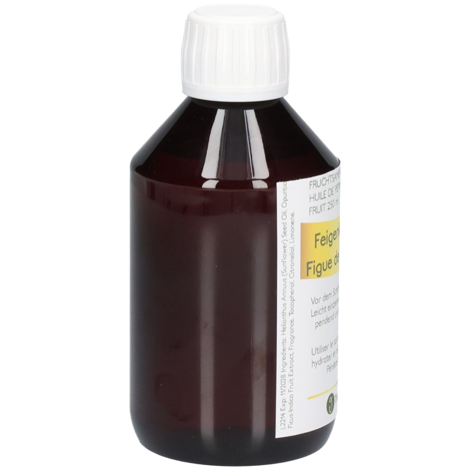 Braune Glasflasche mit weißem Schraubverschluss, 250ml. Enthält Feigenöl.