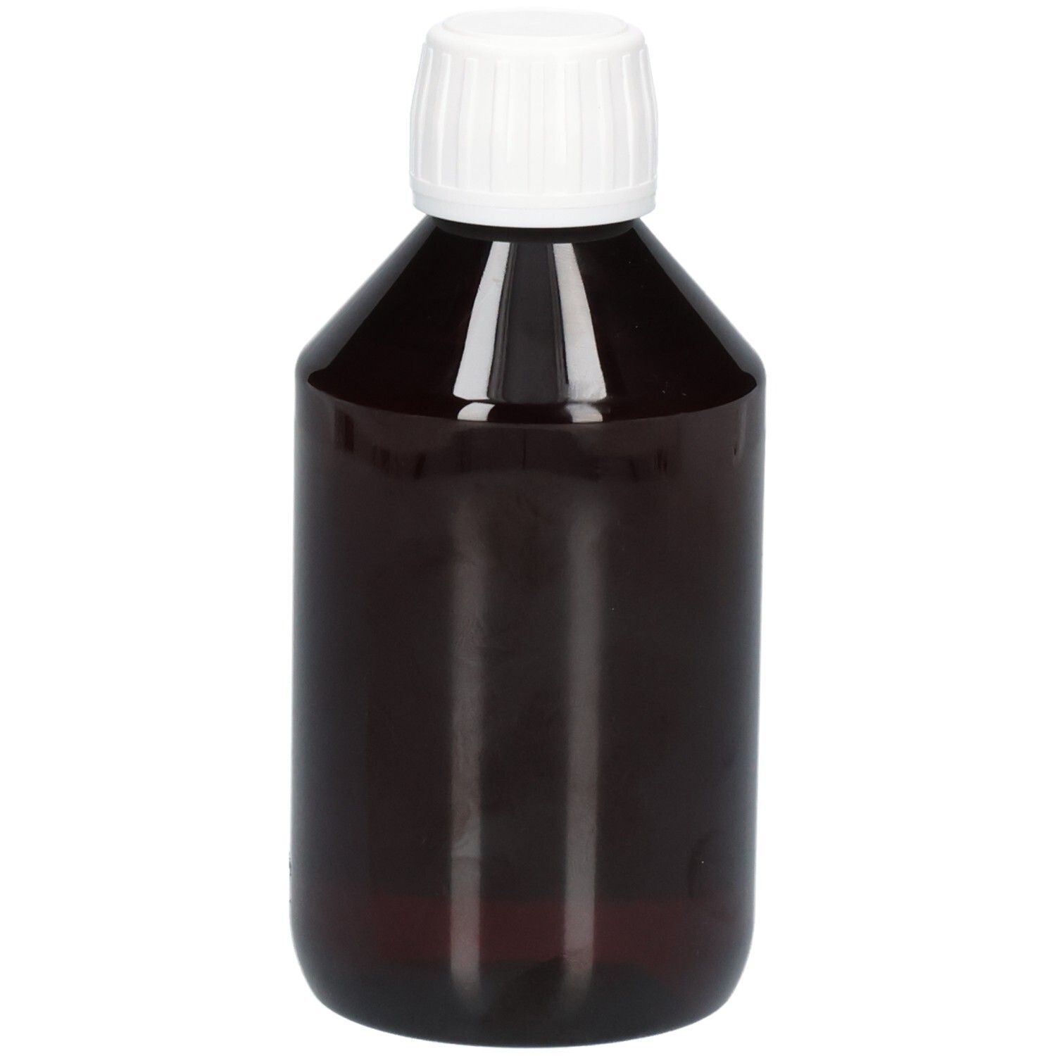 Braune Glasflasche mit weißem Schraubverschluss.