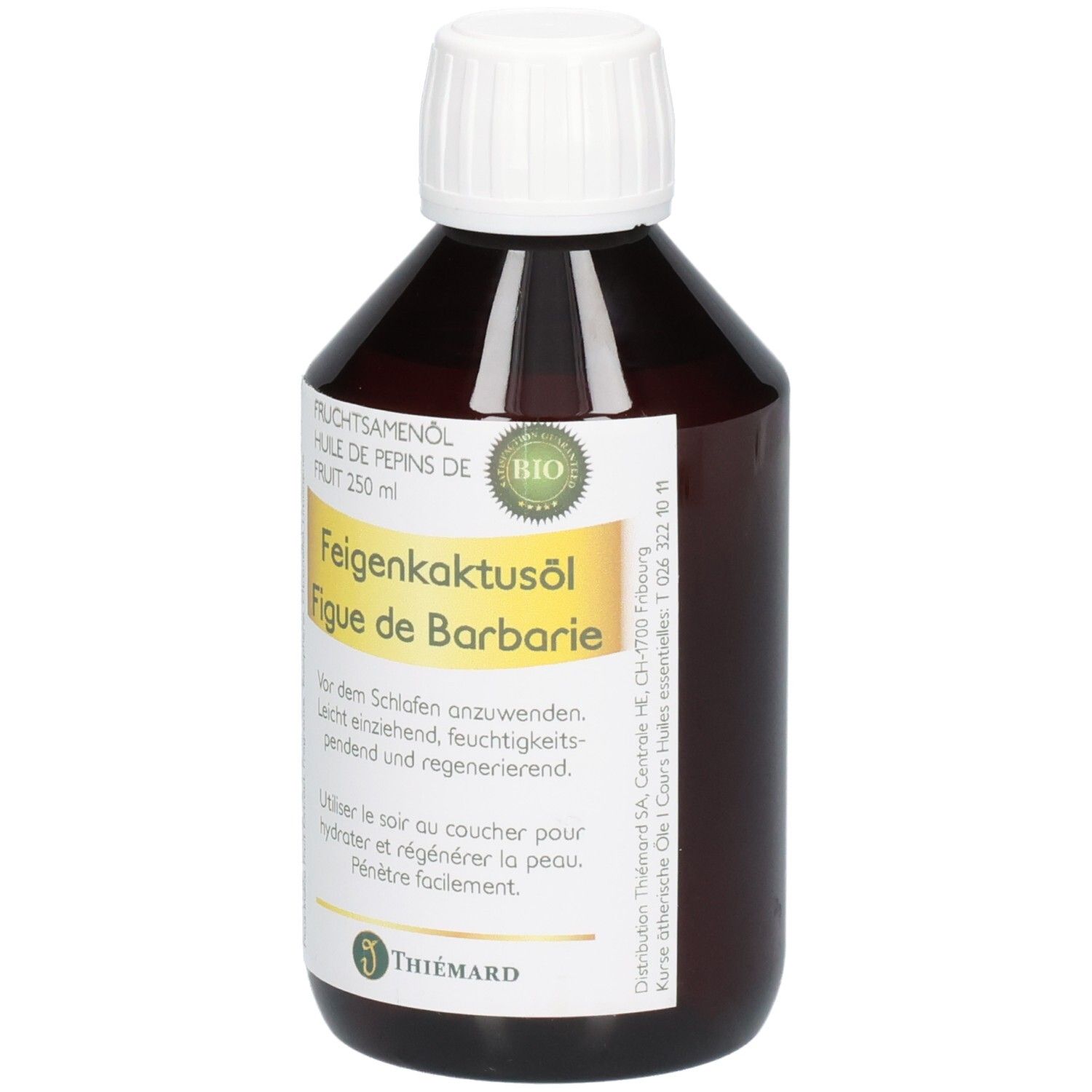 Dunkelbraune Glasflasche mit weißem Schraubverschluss, gefüllt mit Feigenkaktusöl. Enthält Bio-Siegel und 250 ml Angabe.