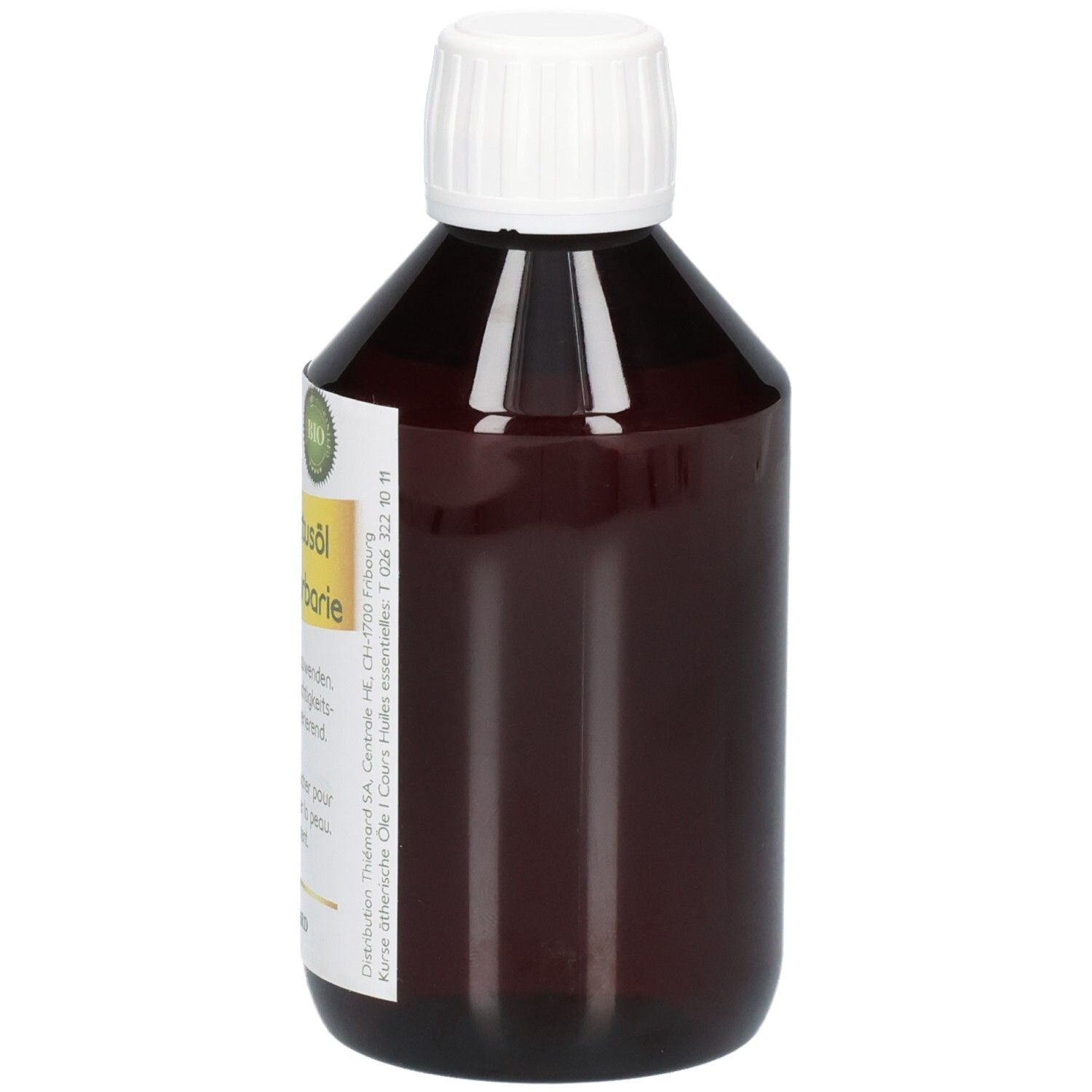 Braune Glasflasche mit weißem Schraubverschluss, gefüllt mit dunkler Flüssigkeit. Etikett mit Text und Bio-Siegel.