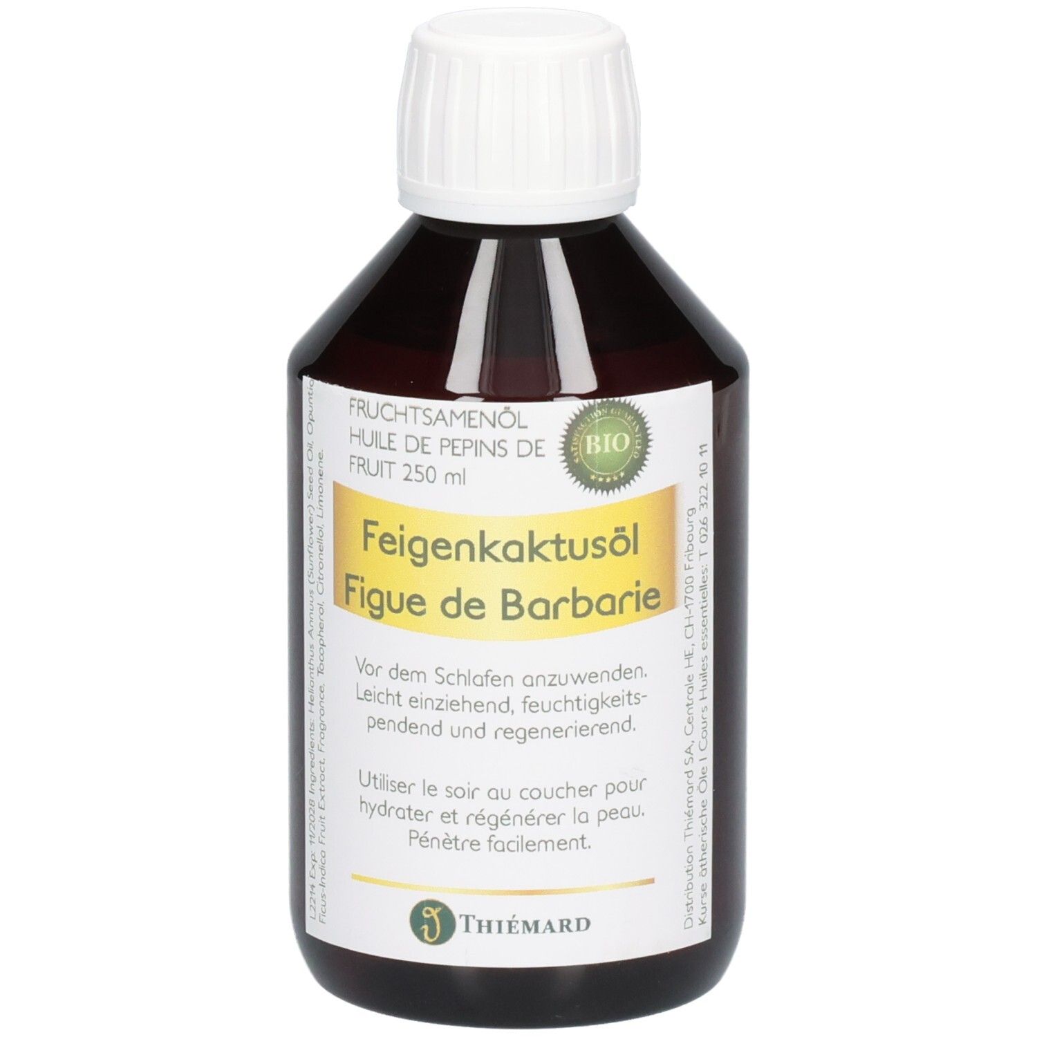 Braune Glasflasche mit weißem Schraubverschluss, gefüllt mit Feigenkaktusöl. Enthält 250 ml und das Bio-Siegel.