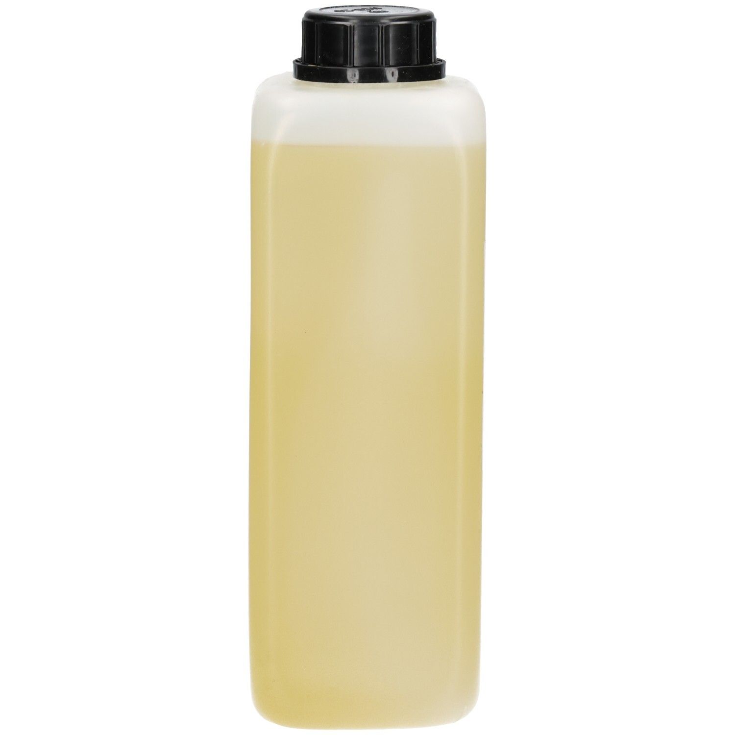 Eine rechteckige, durchscheinende Flasche mit einem schwarzen Schraubverschluss, gefüllt mit einer hellgelben Flüssigkeit.