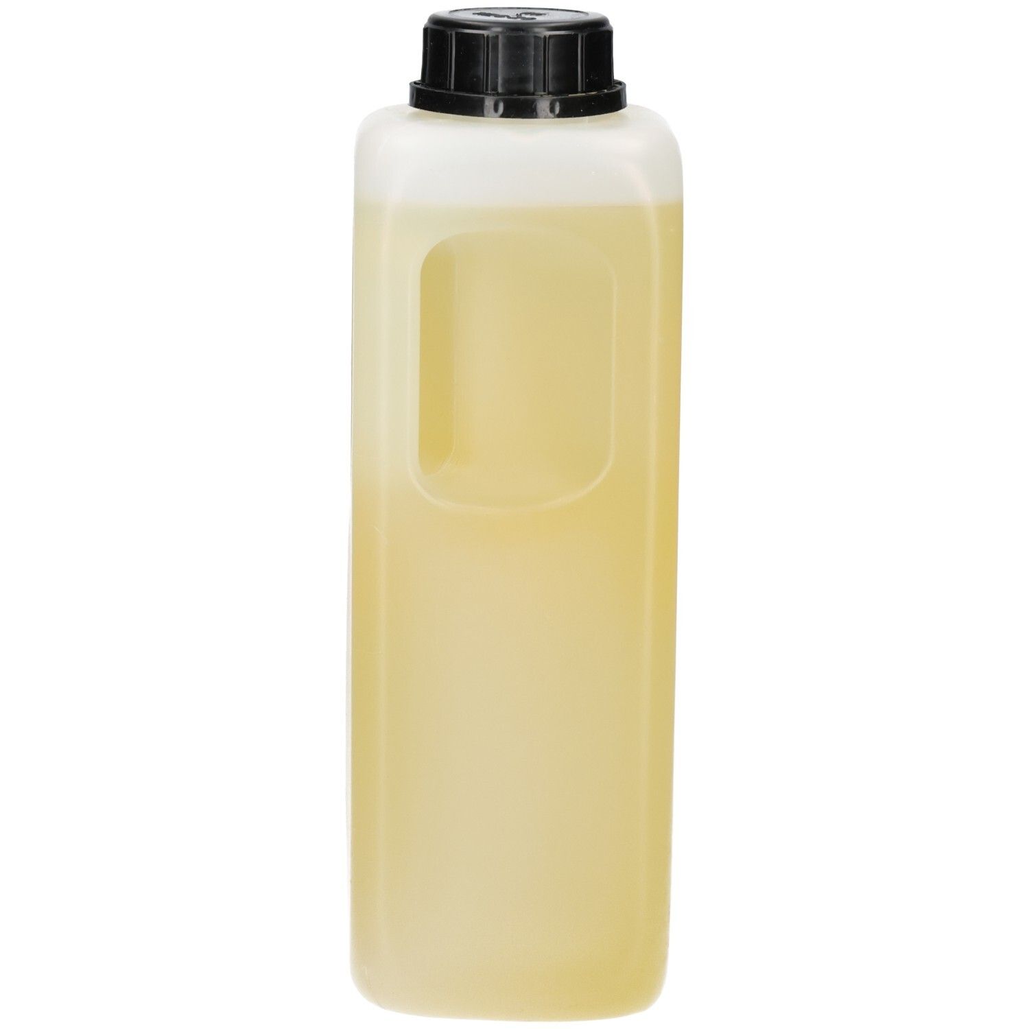Eine rechteckige, durchscheinende Plastikflasche mit einem integrierten Griff und einem schwarzen Schraubverschluss, gefüllt mit einer hellgelben Flüssigkeit.