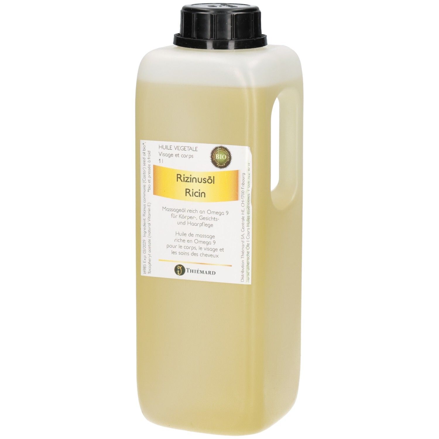 1 Liter Flasche Rizinusöl (Rizinusöl) mit schwarzem Schraubverschluss und Henkel. Gelbes Etikett mit Bio-Siegel.