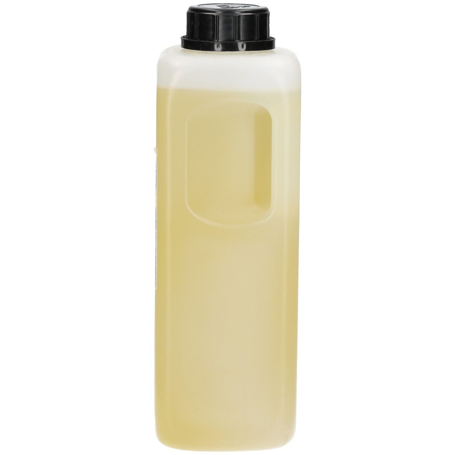 Eine rechteckige, durchscheinende Flasche mit einem Griff und einem schwarzen Schraubverschluss, gefüllt mit einer hellgelben Flüssigkeit.