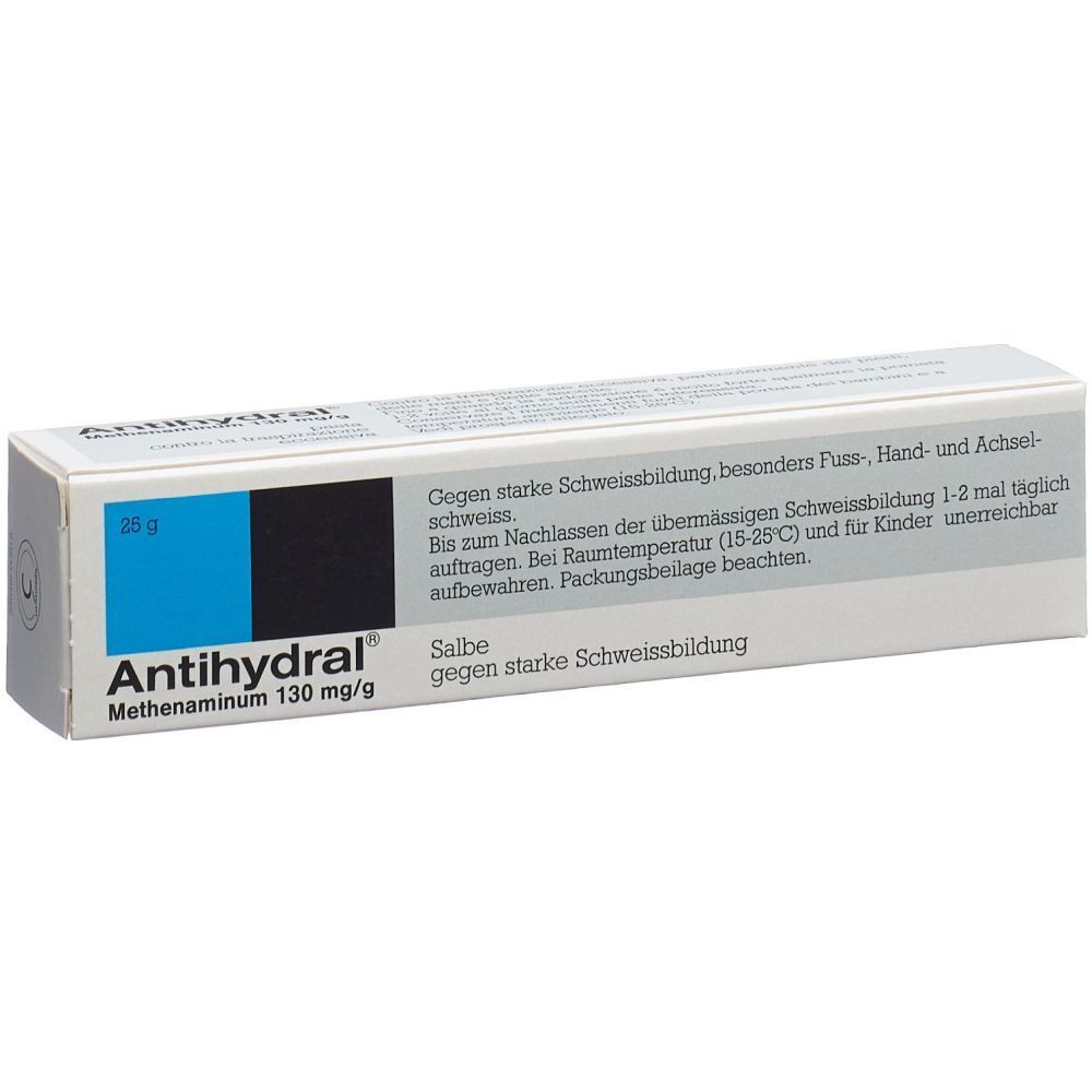 Kartonverpackung mit Produktnamen Antihydral. Blaue und schwarze Akzente. Enthält 25 g. Text: Salbe gegen starke Schweissbildung.