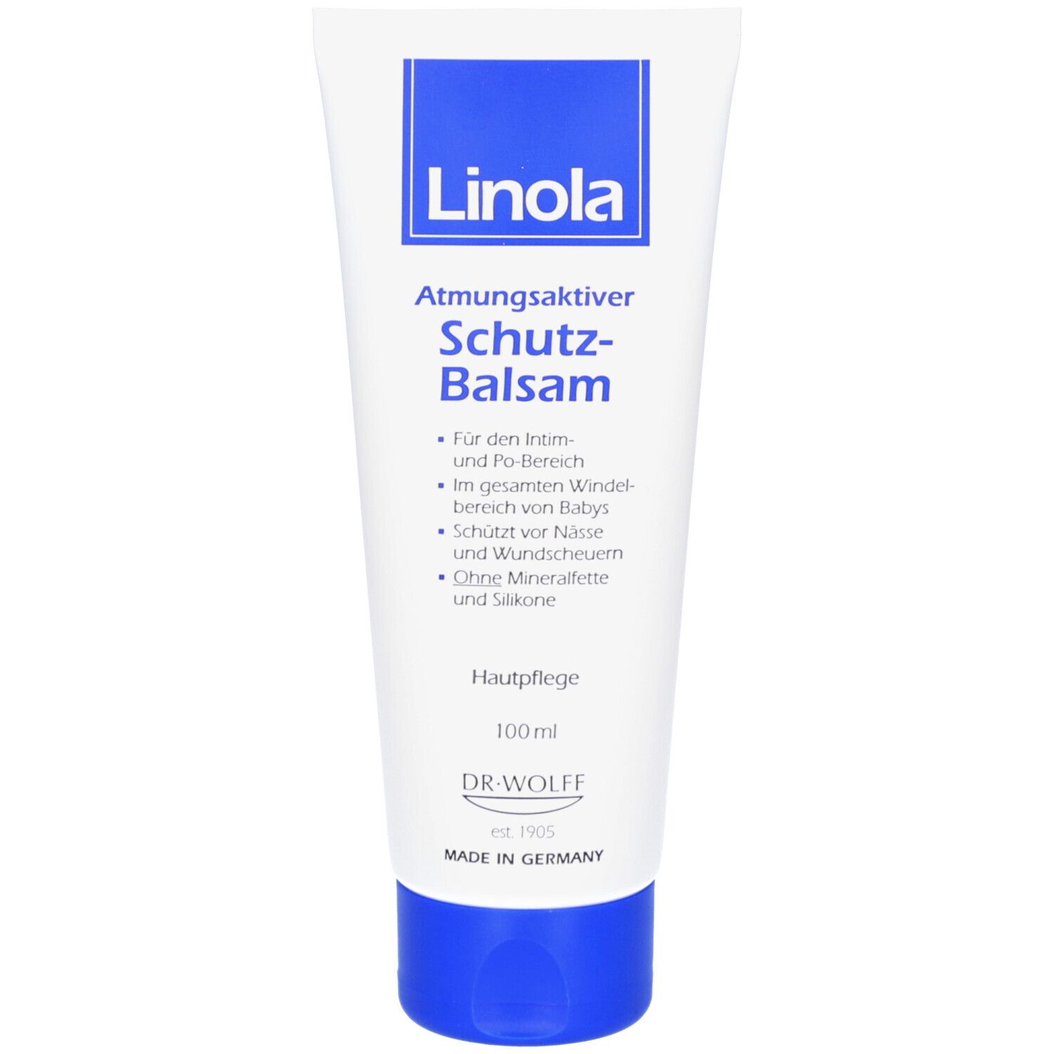 Weiße Tube mit blauem Deckel. Aufschrift Linola, Schutz-Balsam. 100ml. Dr. Wolff.
