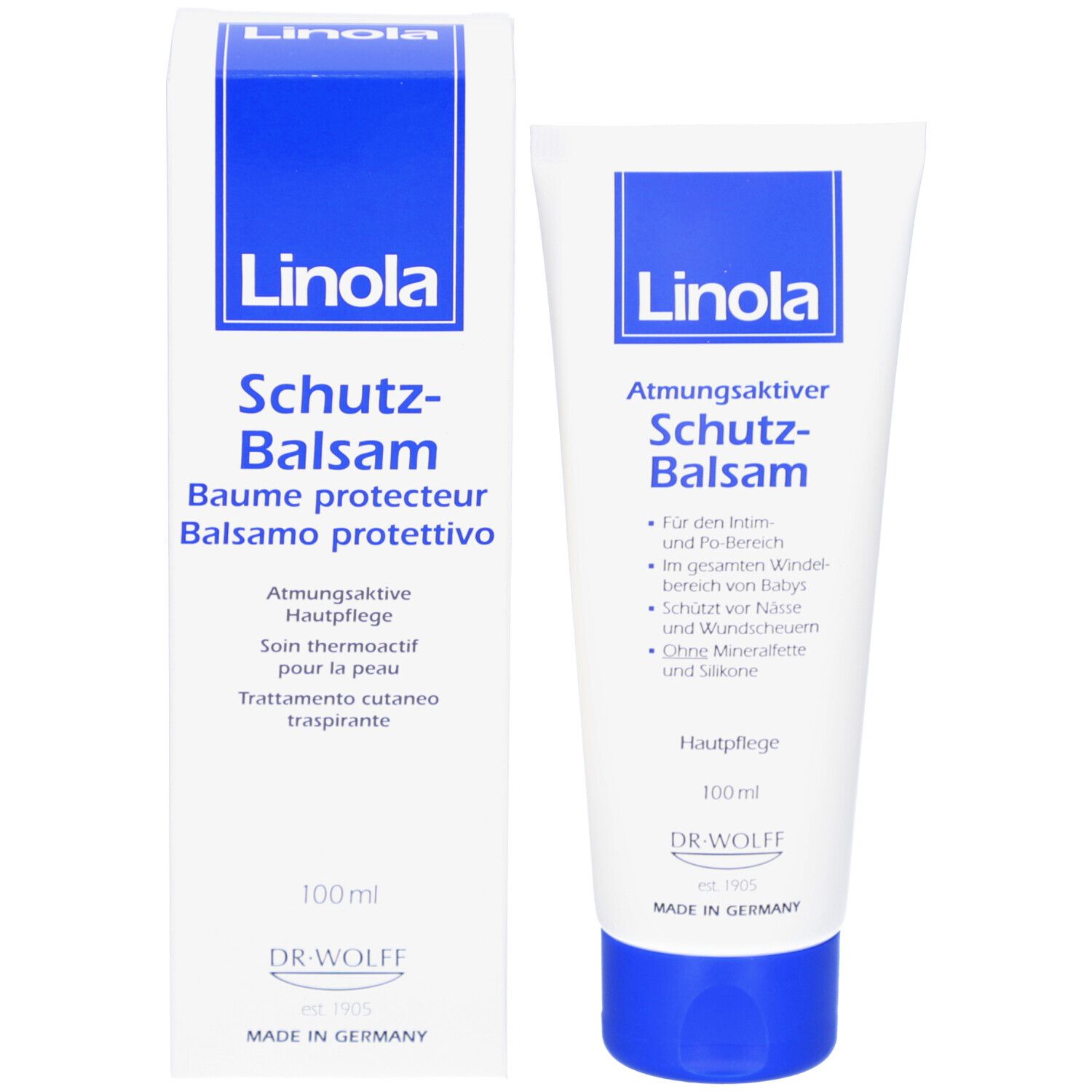 Produkt und Verpackung. Weiße Tube und Schachtel. Aufschrift Linola, Schutz-Balsam. 100ml.