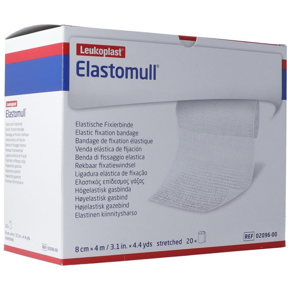 Verpackung mit Leukoplast Elastomull Fixierbinde. Weiße elastische Binde, 8 cm x 4 m. Mehrsprachige Produktbezeichnungen.