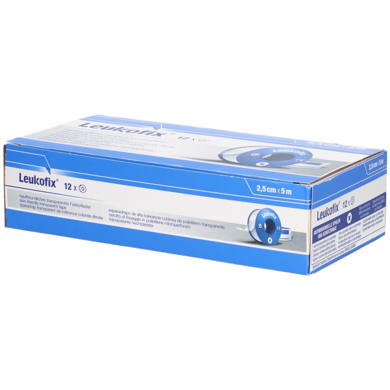 Leukofix transparentes Fixierpflaster, 12 Rollen à 2,5 cm x 5 m. Kartonverpackung mit Produktabbildung.