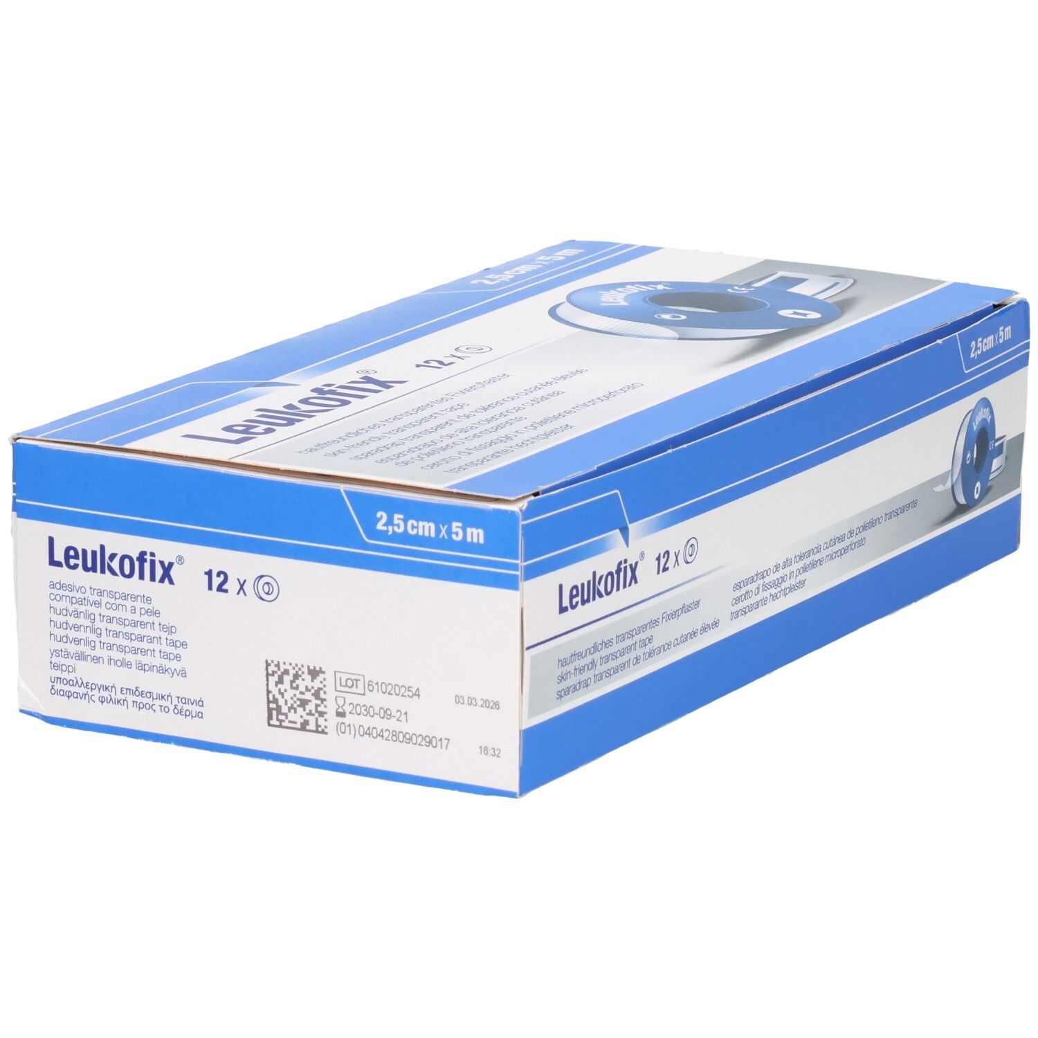 Leukofix transparentes Fixierpflaster, 12 Rollen à 2,5 cm x 5 m. Kartonverpackung mit Detailansicht einer Rolle.