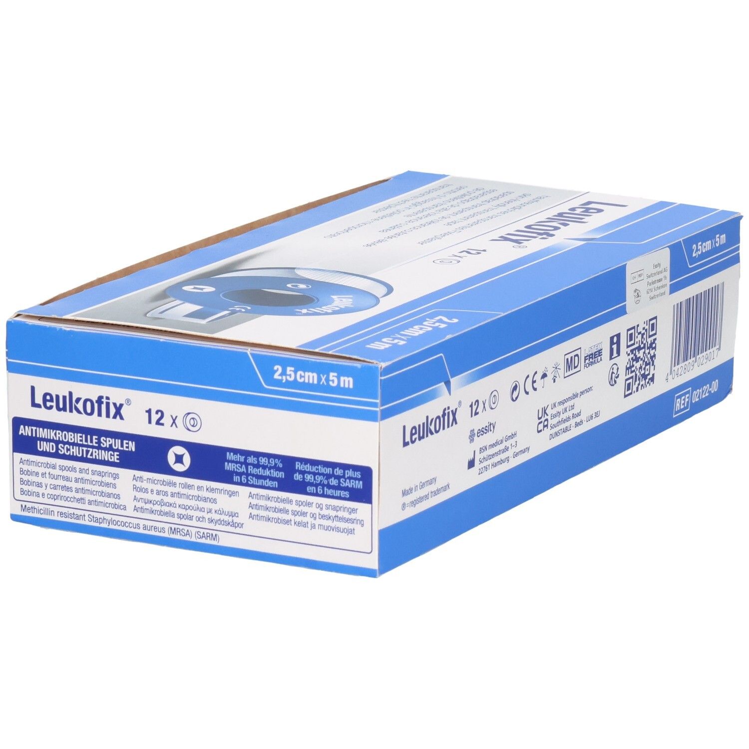 Leukofix transparentes Fixierpflaster, 12 Rollen à 2,5 cm x 5 m. Kartonverpackung mit Produktinformationen und Siegeln.