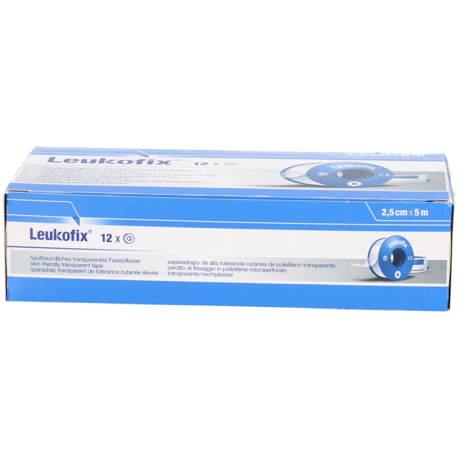 Leukofix transparentes Fixierpflaster, 12 Rollen à 2,5 cm x 5 m. Kartonverpackung mit Produktabbildung und Rollendetail.