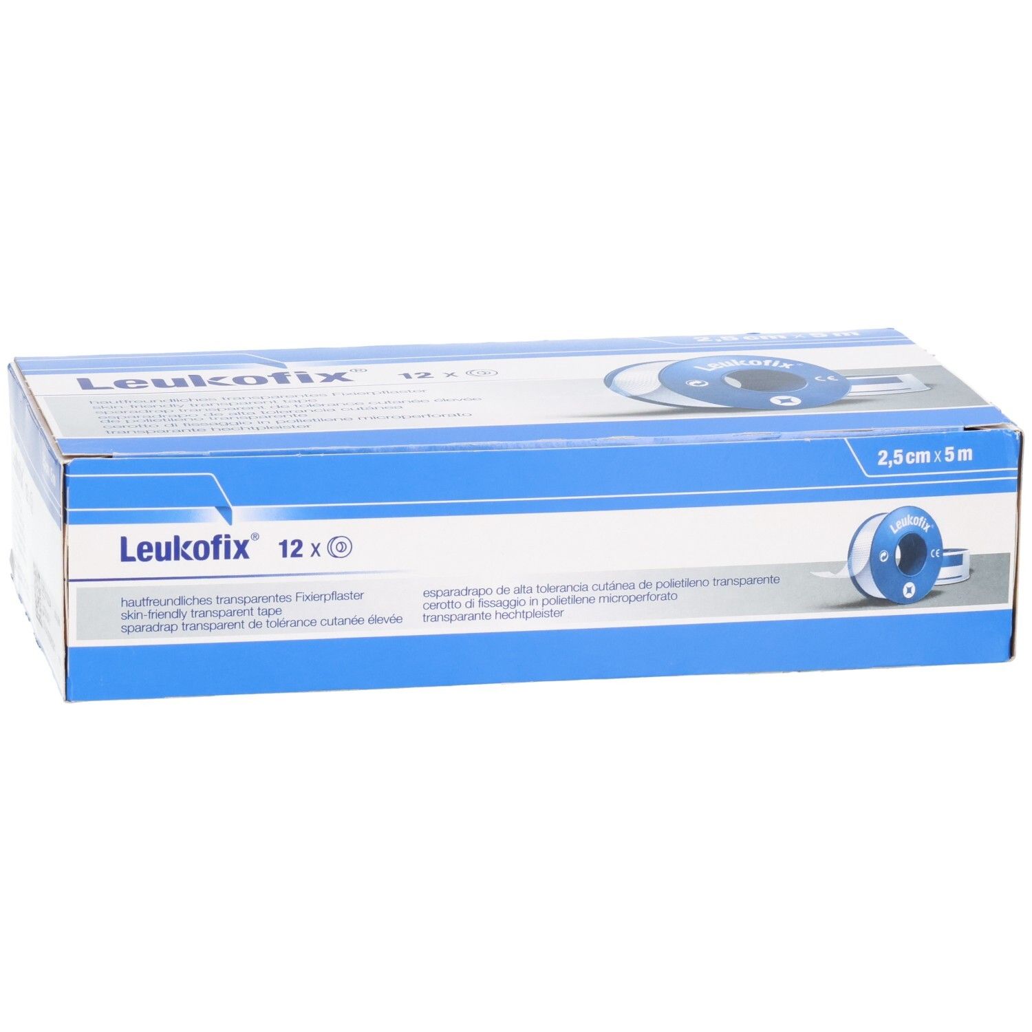 Leukofix transparentes Fixierpflaster, 12 Rollen à 2,5 cm x 5 m. Kartonverpackung mit Produktabbildung und Rollendetail.