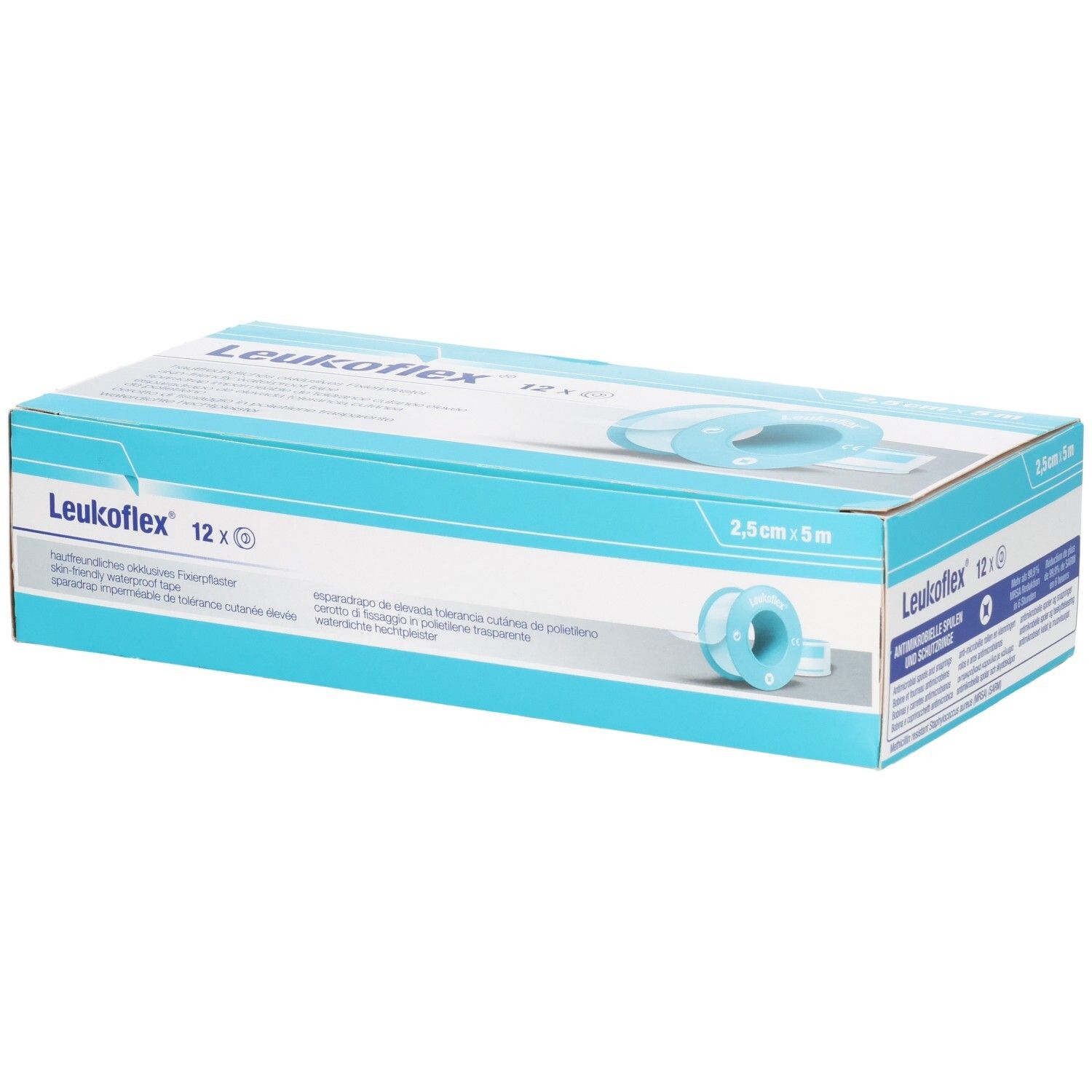 Verpackung LEUKOFLEX® Okklusives Fixierpflaster, 12 Rollen, 2,5 cm x 5 m.