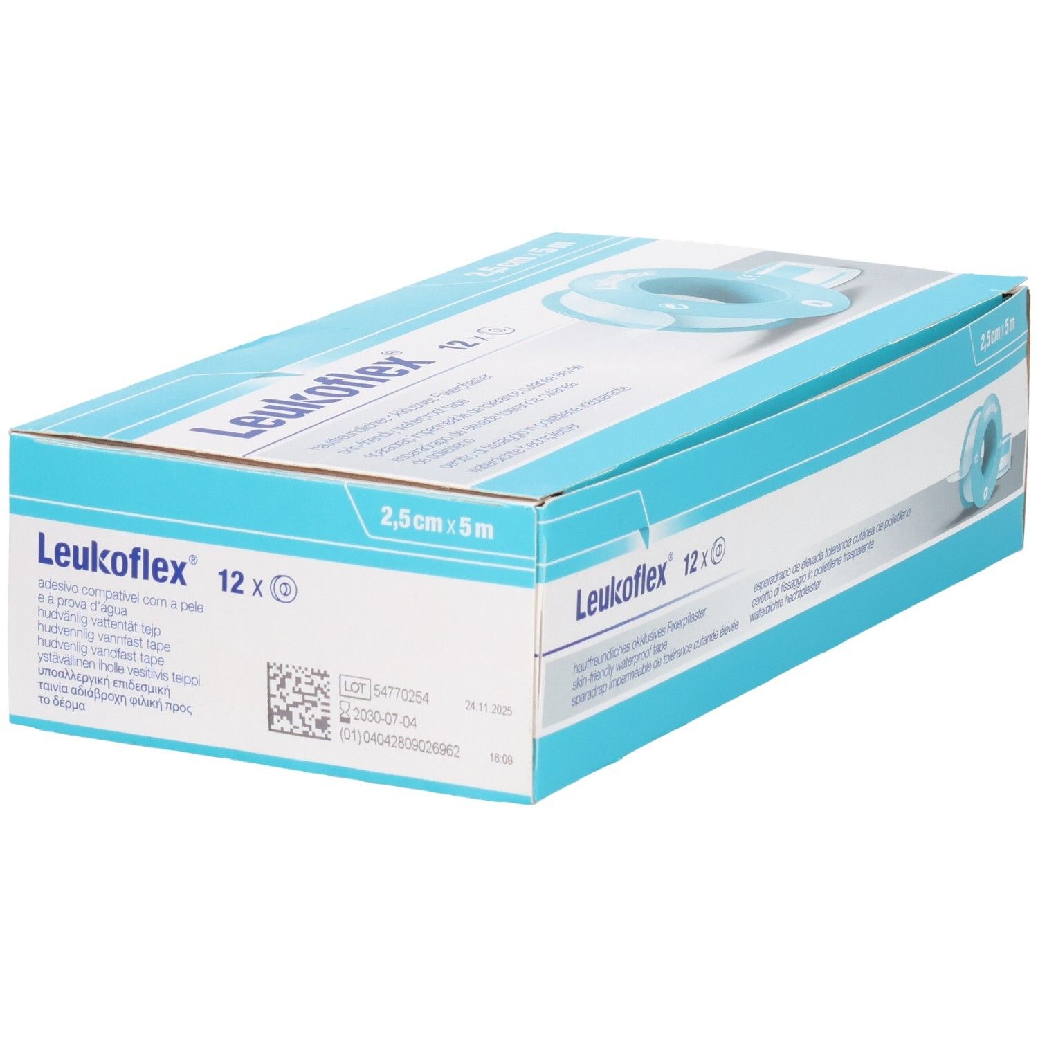 Verpackung LEUKOFLEX® Okklusives Fixierpflaster, 12 Rollen, 2,5 cm x 5 m, mit Chargennummer.