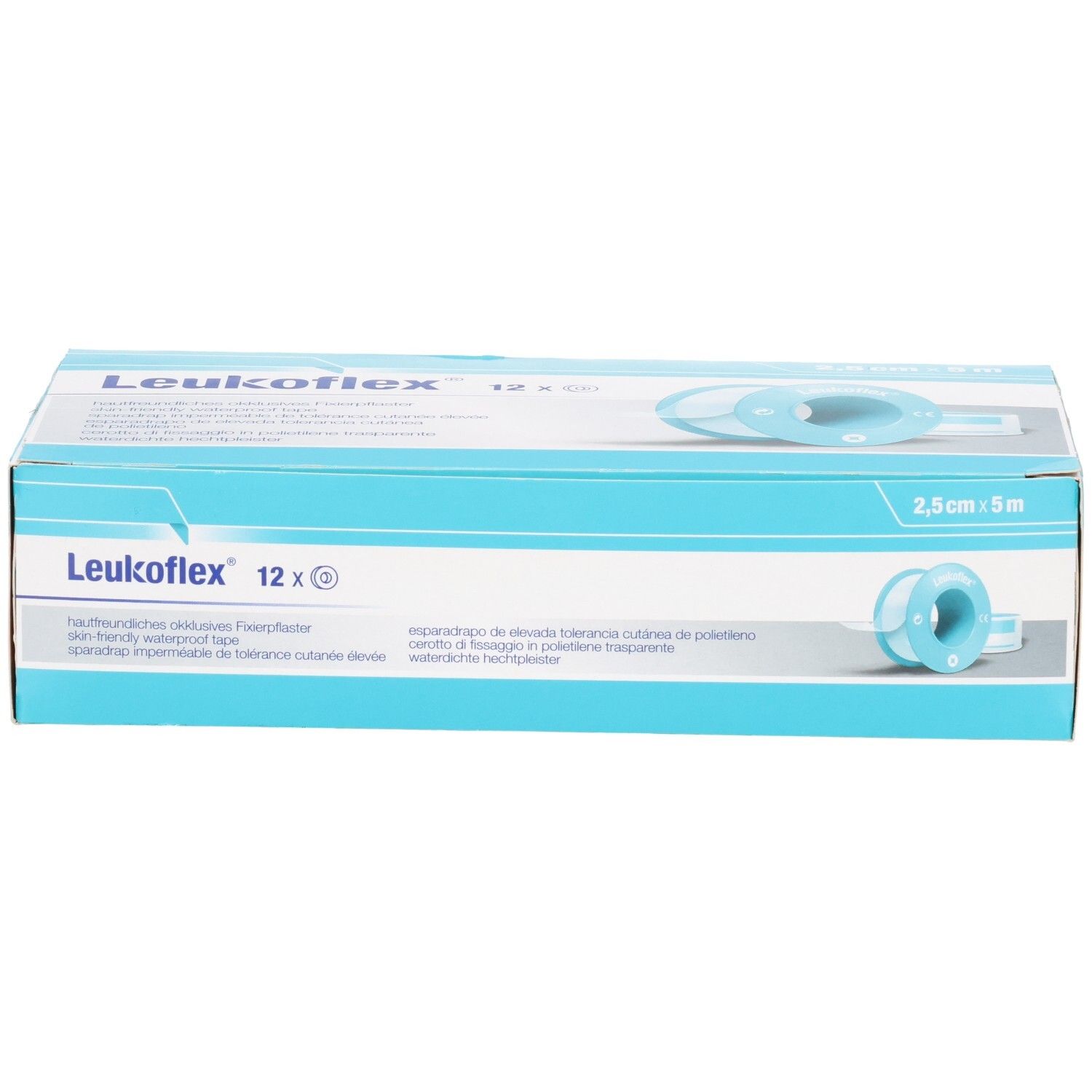 Verpackung LEUKOFLEX® Okklusives Fixierpflaster, 12 Rollen, 2,5 cm x 5 m, wasserfest.