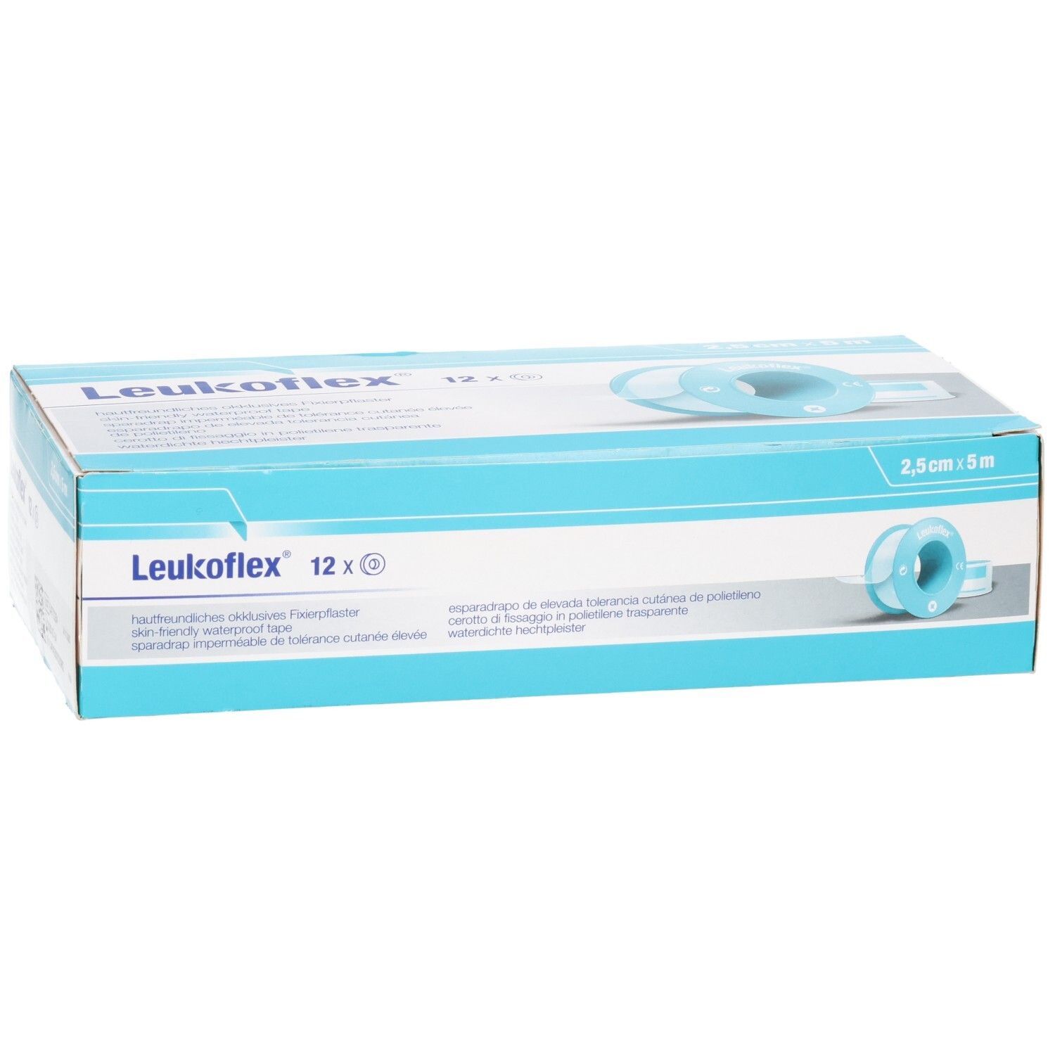 Verpackung LEUKOFLEX® Okklusives Fixierpflaster, 12 Rollen, 2,5 cm x 5 m, wasserfest.
