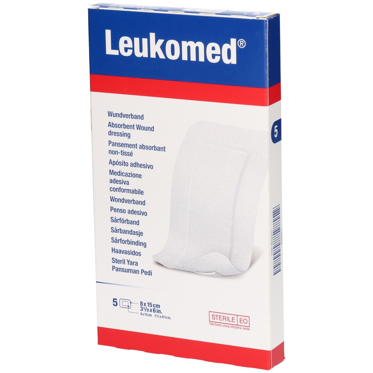 Verpackung Leukomed Wundverband, 5 Stück, 8x15 cm. Steril.
