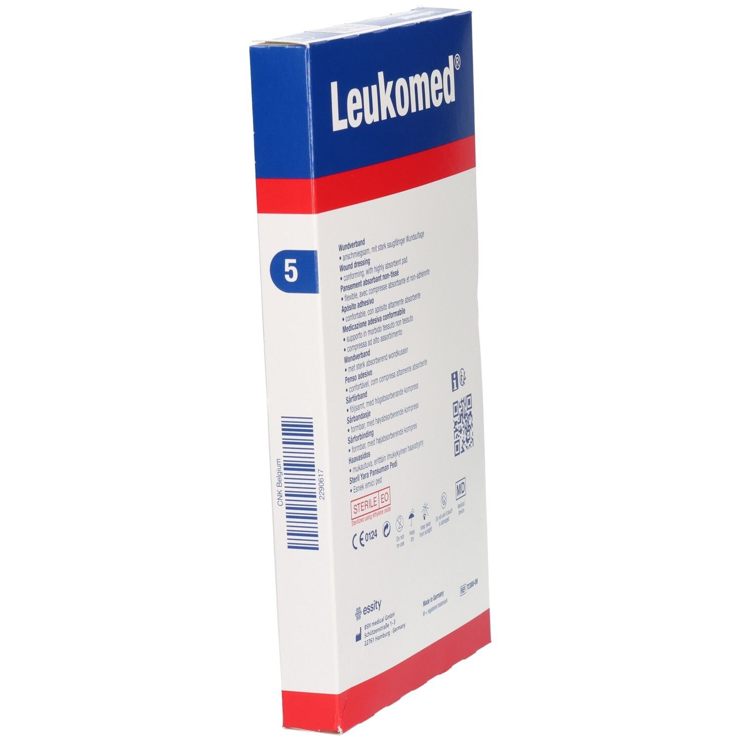 Rückseite der Leukomed Verpackung mit Produktinformationen und CE-Kennzeichnung.