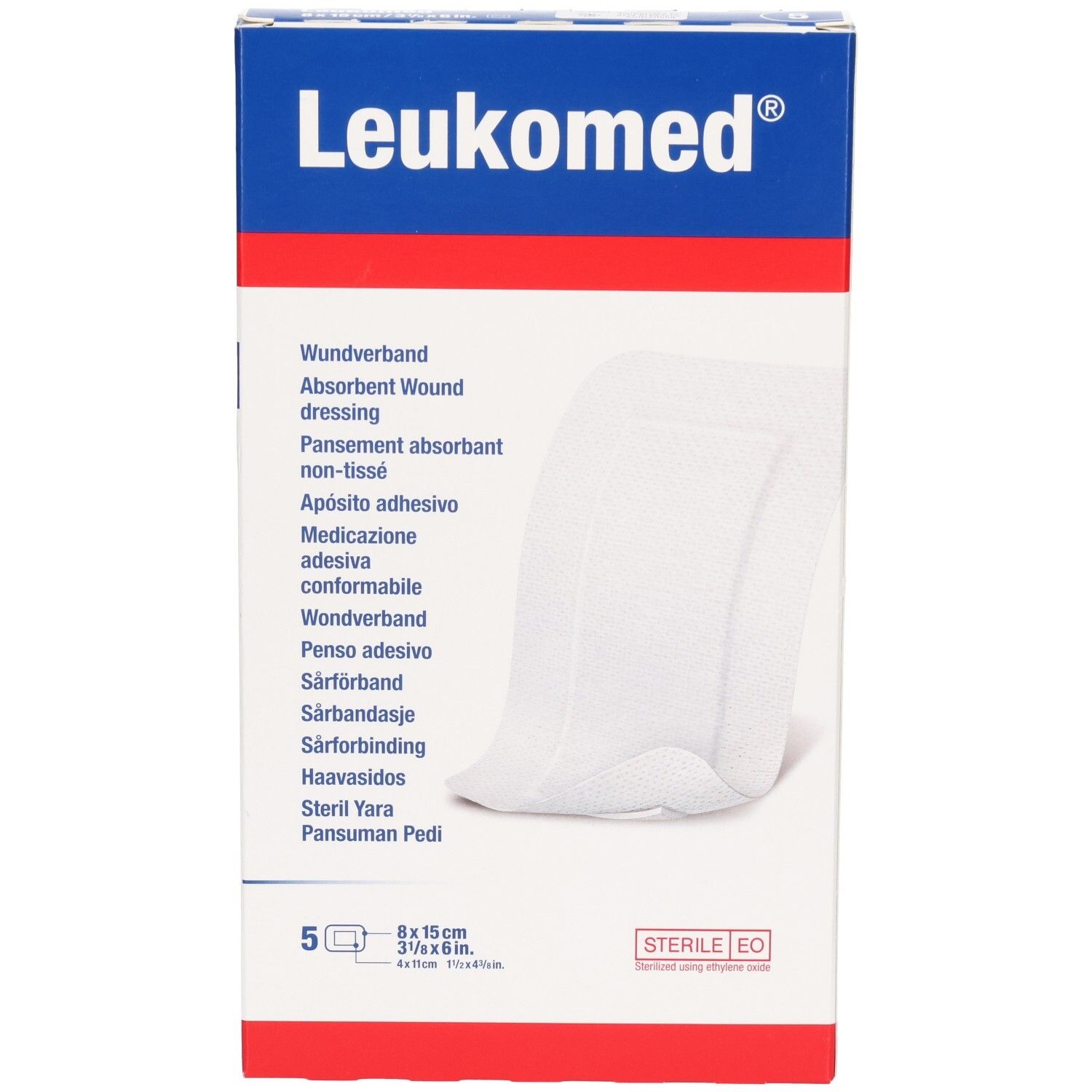 Verpackung Leukomed Wundverband, 5 Stück, 8x15 cm. Steril.