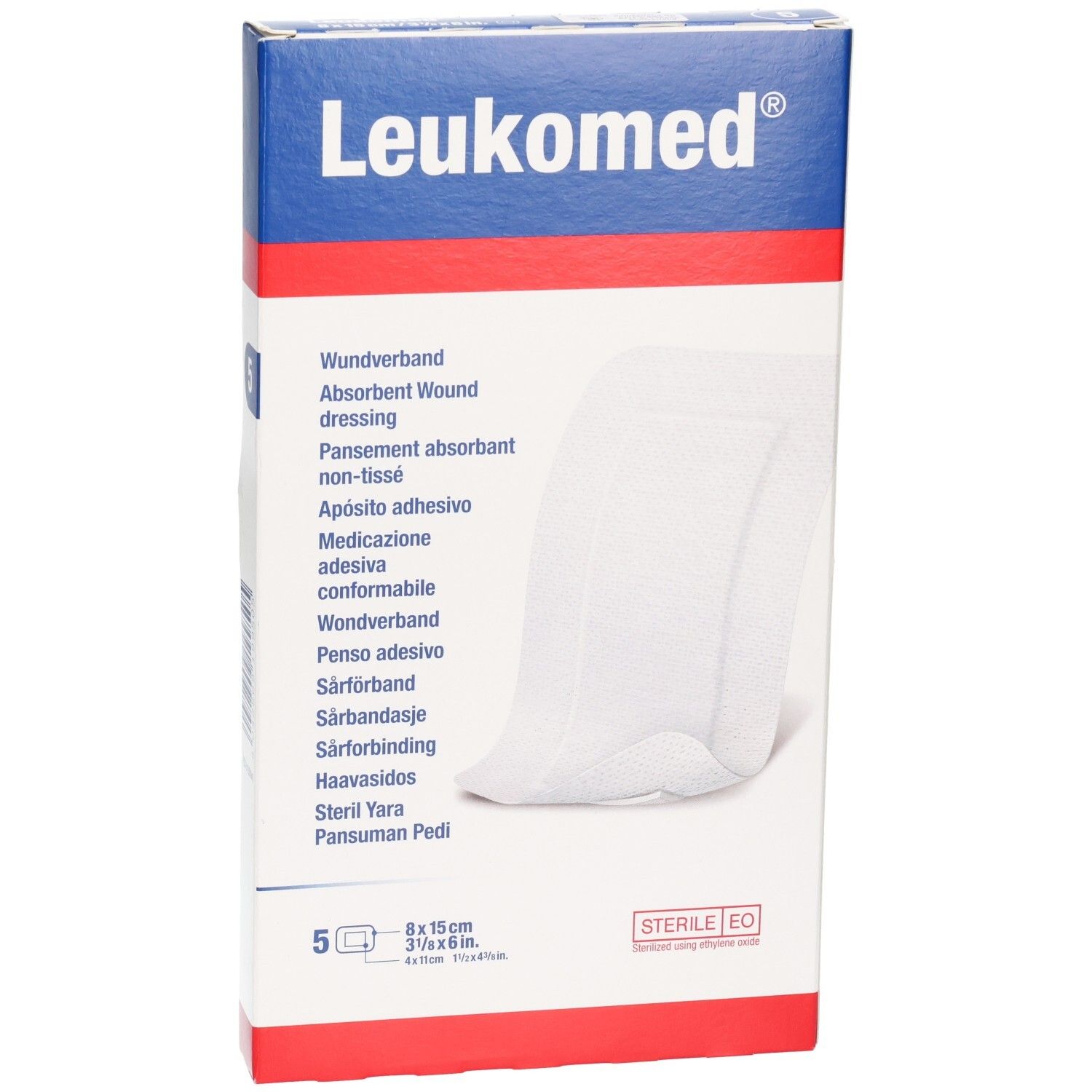 Verpackung Leukomed Wundverband, 5 Stück, 8x15 cm. Steril.
