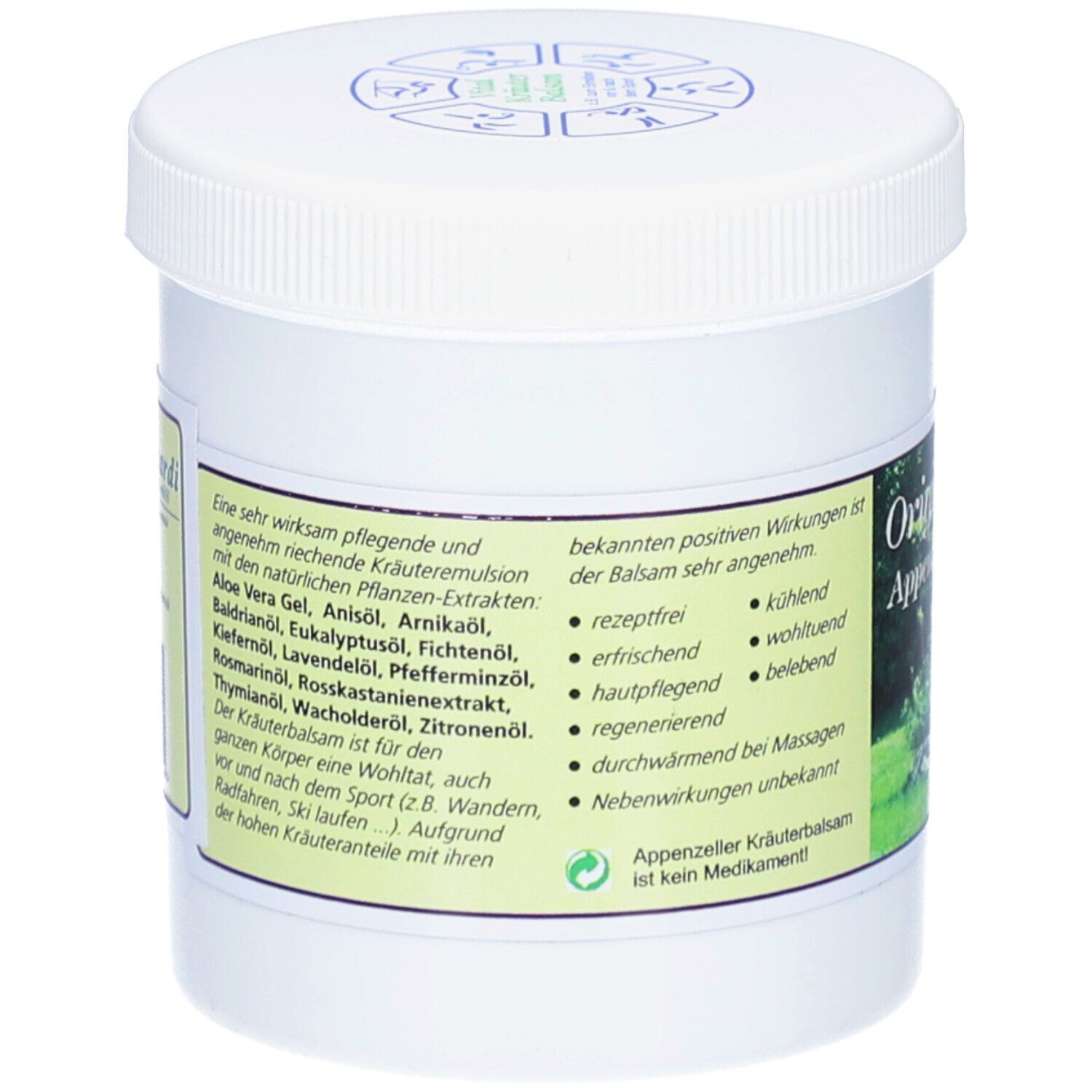 Pot blanc avec couvercle. Inscription : Original Appenzeller Kräuterpflege Rezeptur. Croix suisse. Texte sur les ingrédients.