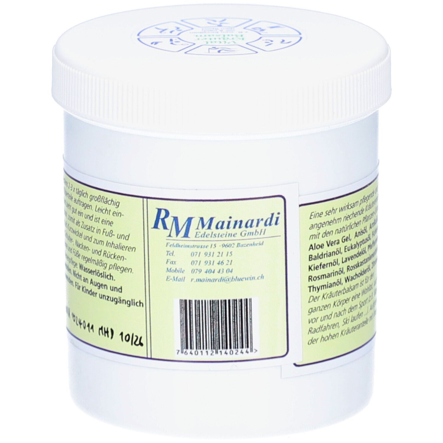 Pot blanc avec couvercle. Inscription : RM Mainardi Edelsteine. Code-barres. Texte sur les ingrédients et l'utilisation.