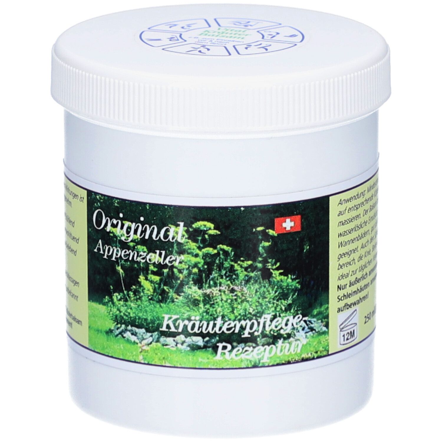 Pot blanc avec couvercle. Inscription : Original Appenzeller Kräuterpflege Rezeptur. Croix suisse. 250 ml.