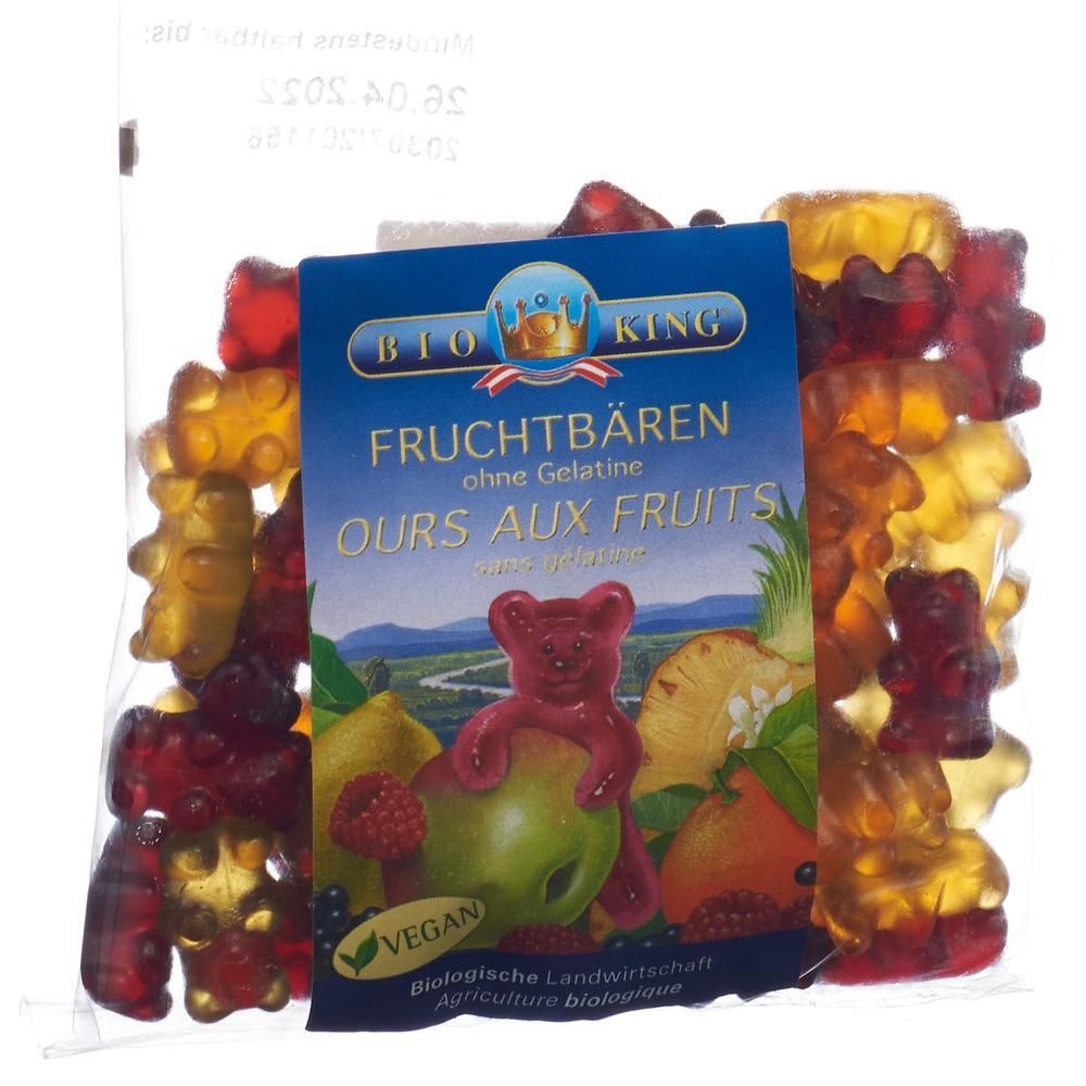 BIO KING Fruchtbären ohne Gelatine: Bunte Fruchtgummis in Bärenform in einer transparenten Tüte mit Etikett.