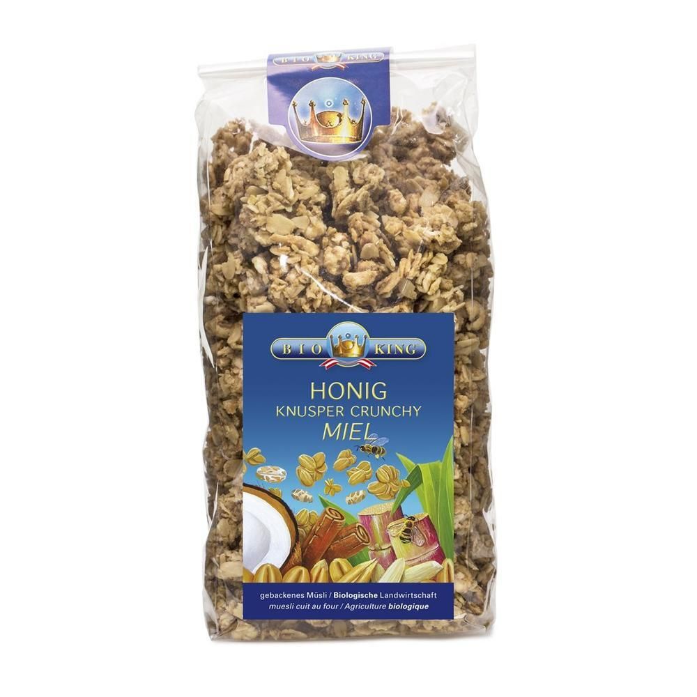 BIO KING Knusper Crunchy Honig Müsli in transparenter Tüte. Das Etikett zeigt eine Krone und Bienen.