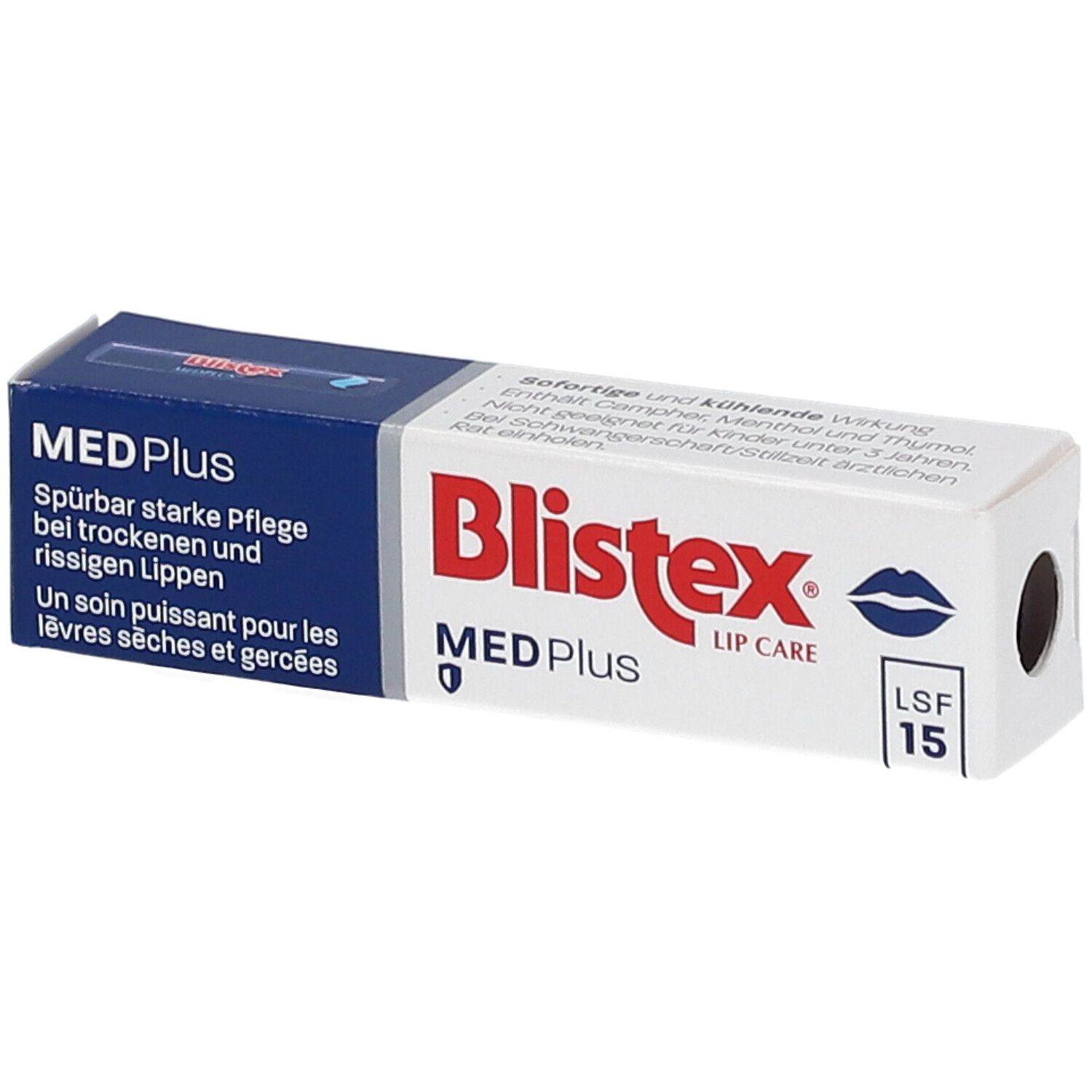 Karton von Blistex MED Plus LSF 15. Weiß und blau. Text: MED Plus, Lippenpflege, LSF 15. Mit Lippen-Symbol.