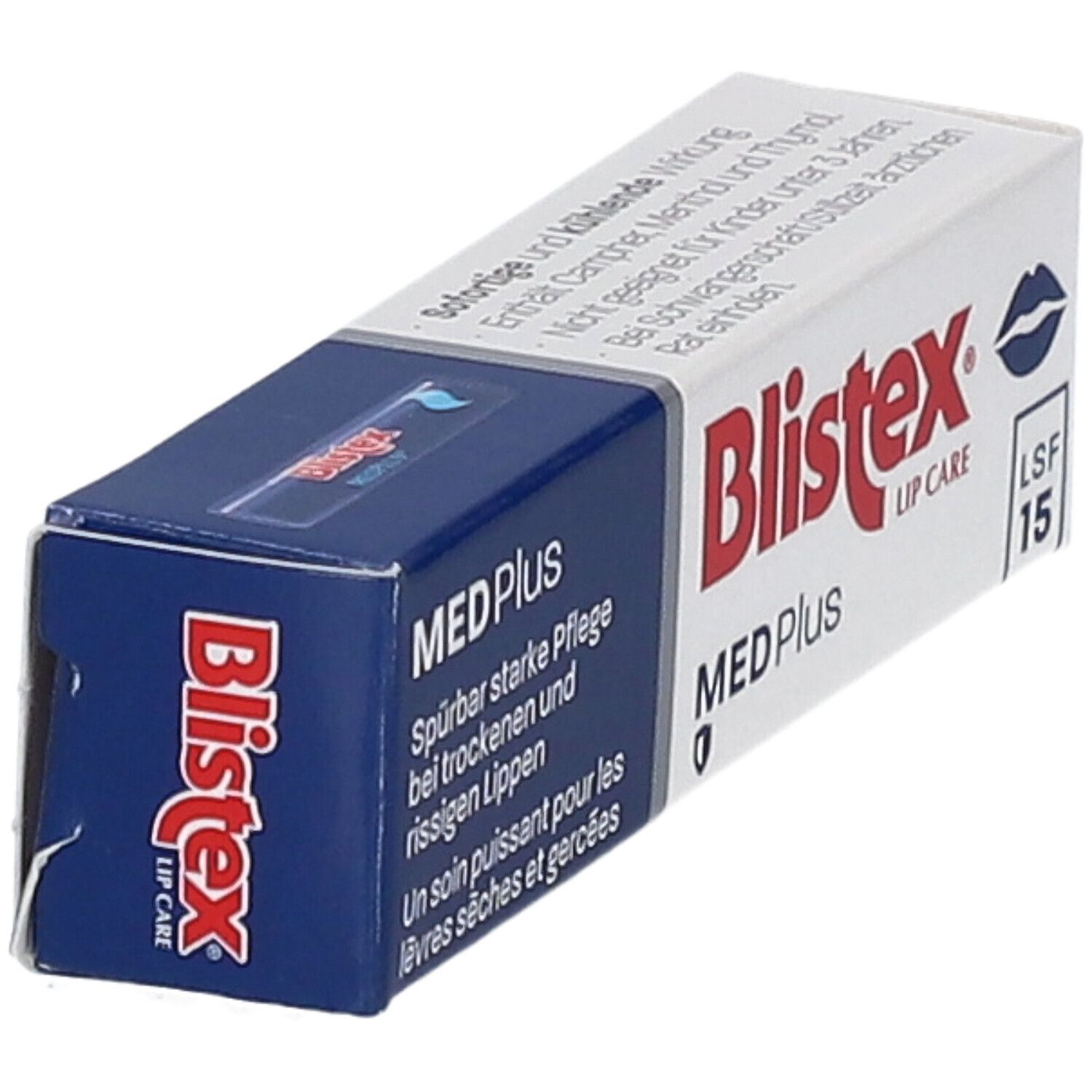 Schräg liegende Blistex MED Plus LSF 15 Packung. Weiß und blau. Text: MED Plus, Lippenpflege, LSF 15. Lippen-Symbol.