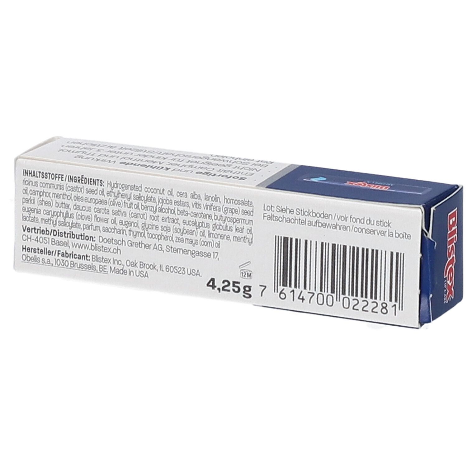 Rückseite der Blistex MED Plus Packung. Text: Inhaltsstoffe, 4,25g, Barcode. Hersteller- und Vertriebsinformationen.