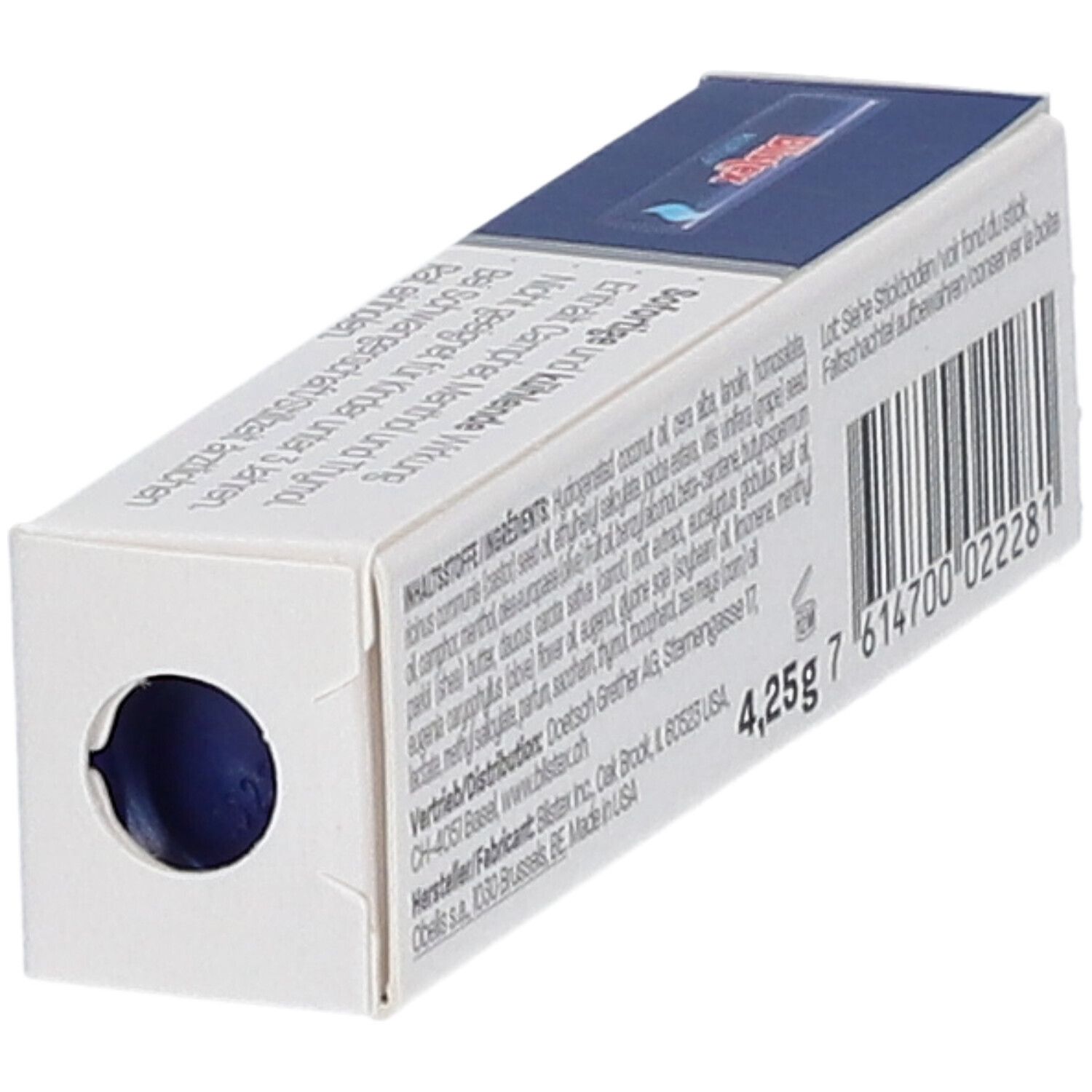 Schräg liegende Blistex MED Plus Packung. Text: Inhaltsstoffe, 4,25g, Barcode. Loch für den Lippenpflegestift.