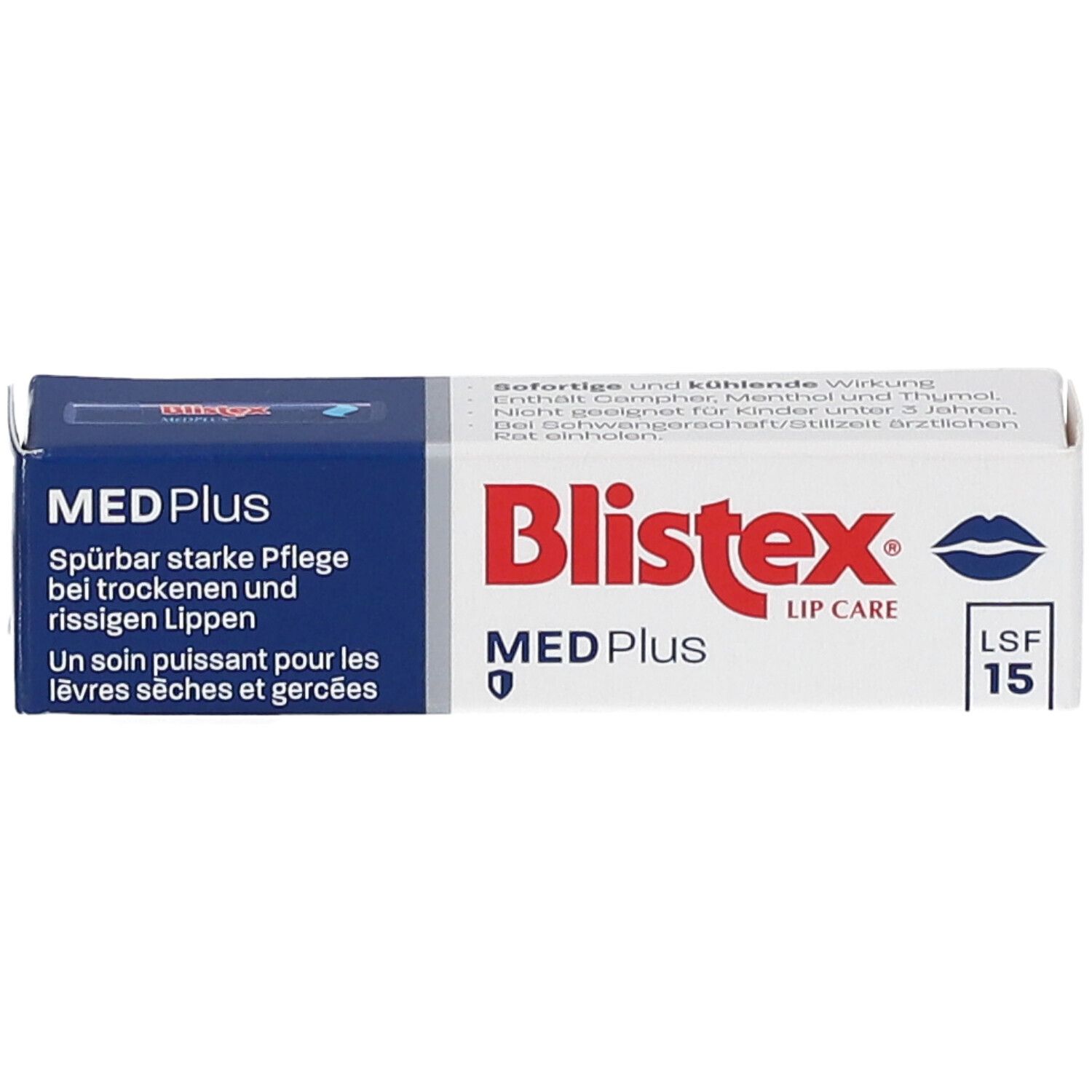 Blistex MED Plus LSF 15 Packung. Weiß und blau. Text: MED Plus, Lippenpflege, LSF 15. Mit Lippen-Symbol.