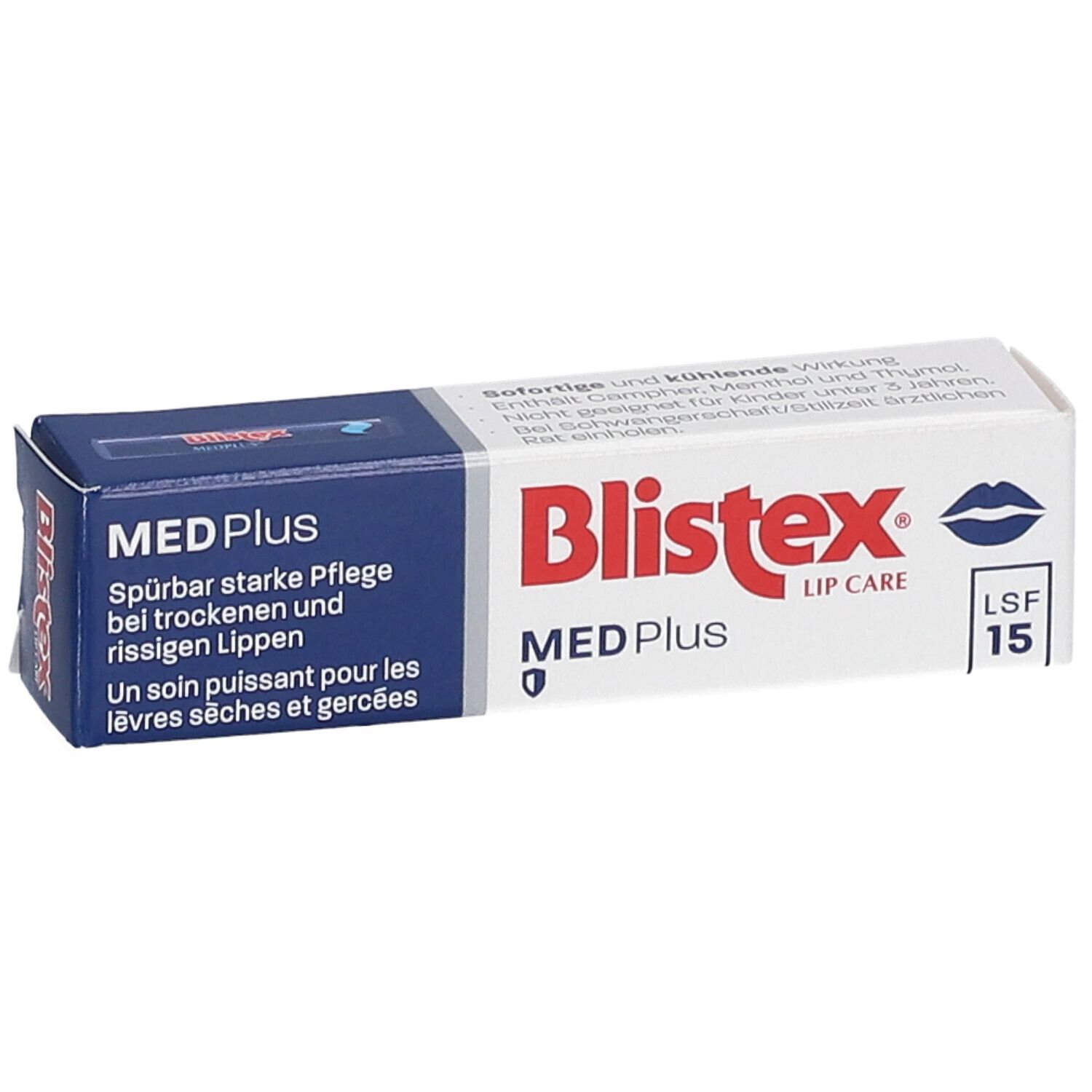Blistex MED Plus LSF 15 Packung. Weiß und blau. Text: MED Plus, Lippenpflege, LSF 15. Mit Lippen-Symbol.