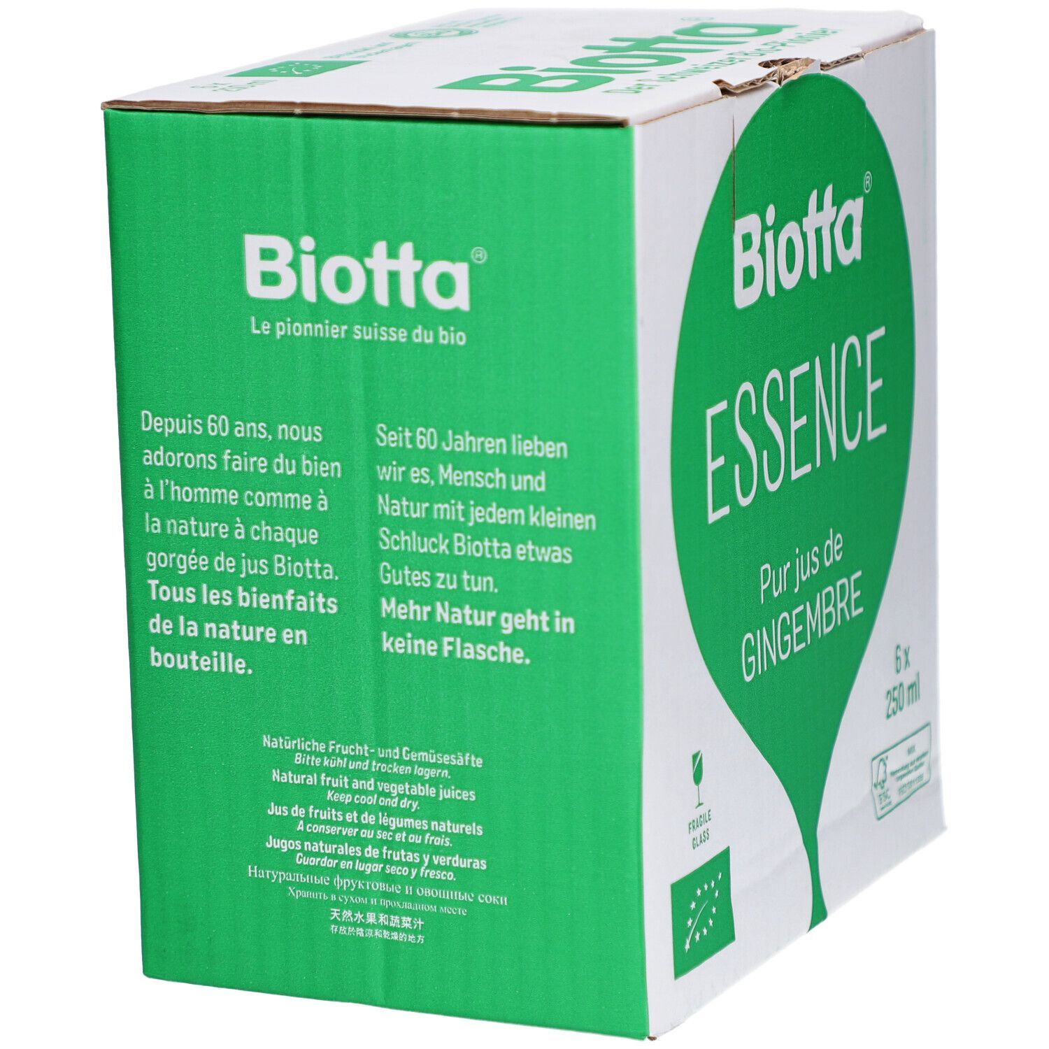 Karton mit "Biotta Essence" und Text. Enthält 6 Flaschen à 250 ml. FSC-Zertifizierung. Text in Deutsch, Französisch, Italienisch, Russisch.
