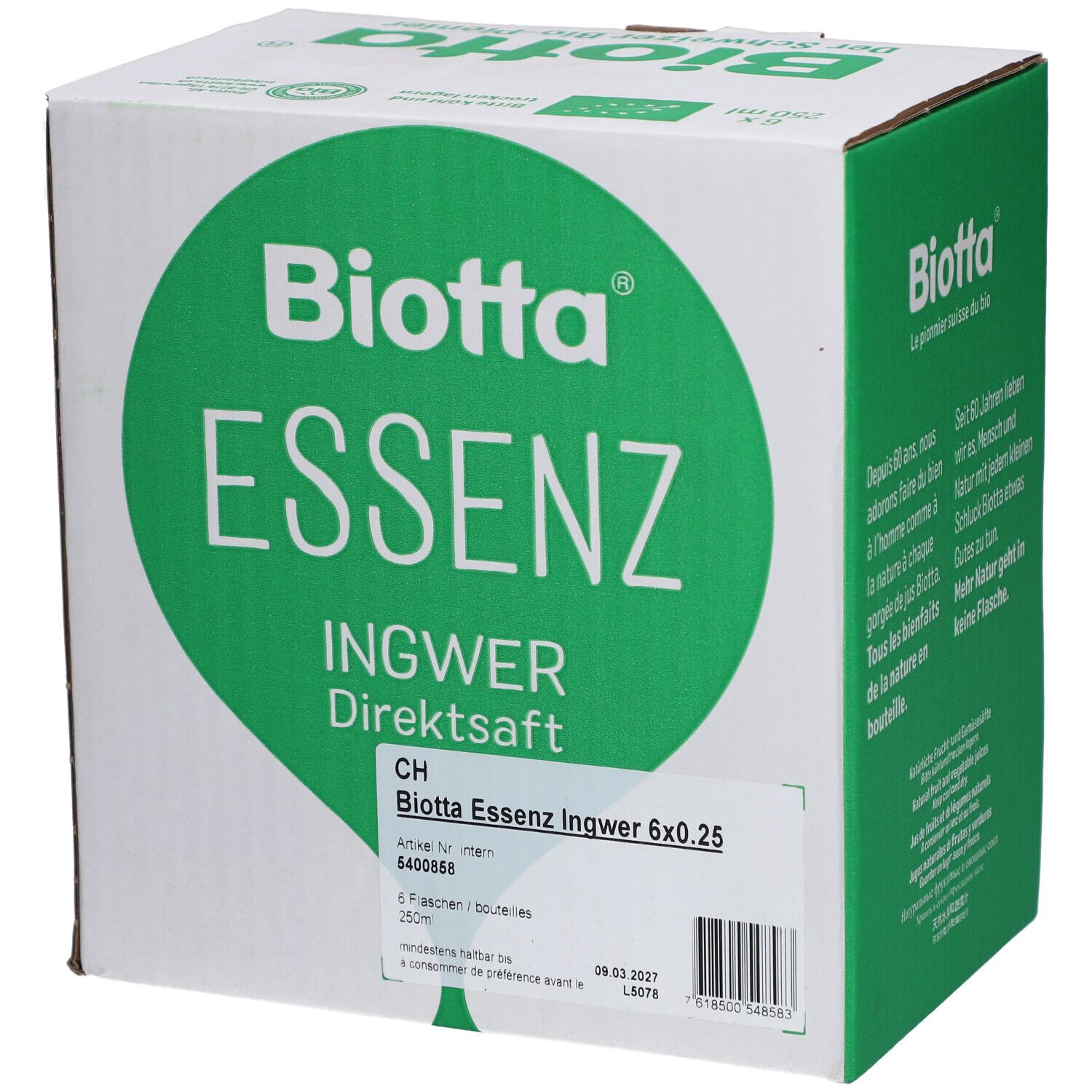 Karton mit "Biotta Essenz Ingwer Direktsaft". Enthält 6 Flaschen à 250 ml. Artikelnummer und Mindesthaltbarkeitsdatum.