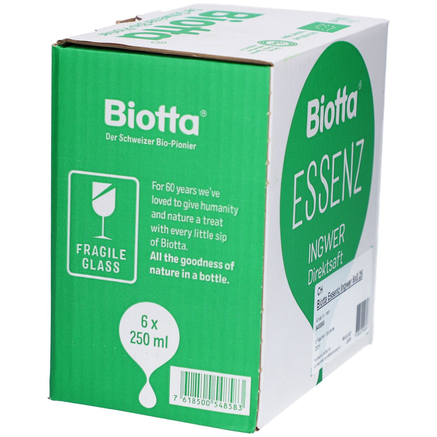 Karton mit "Biotta Essence Ingwer Direktsaft". Enthält 6 Flaschen à 250 ml. Text in Deutsch und Englisch. FSC-Zertifizierung.