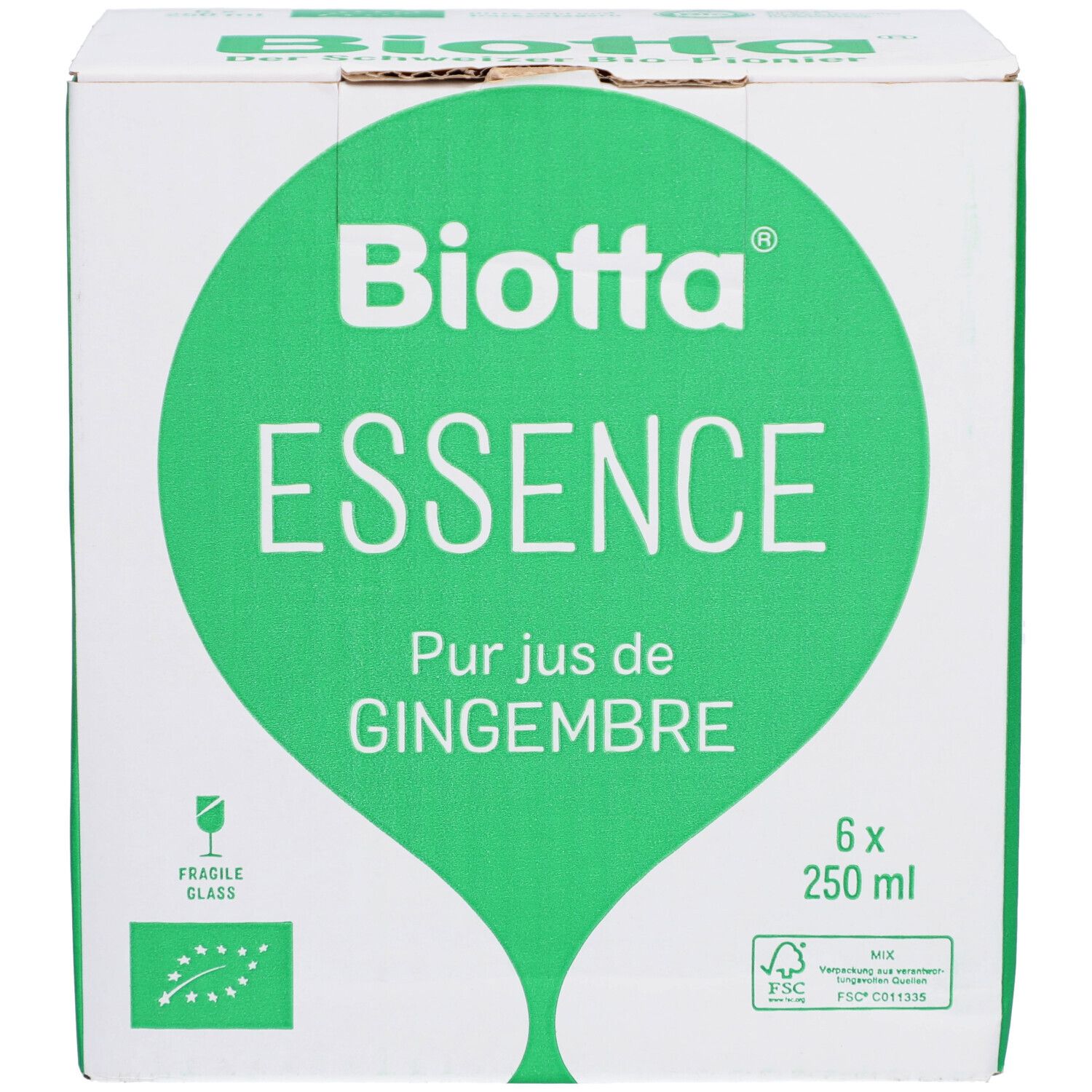 Karton mit "Biotta Essence" und "Pur jus de Gingembre" Aufdruck. Enthält 6 Flaschen à 250 ml. FSC-Zertifizierung.