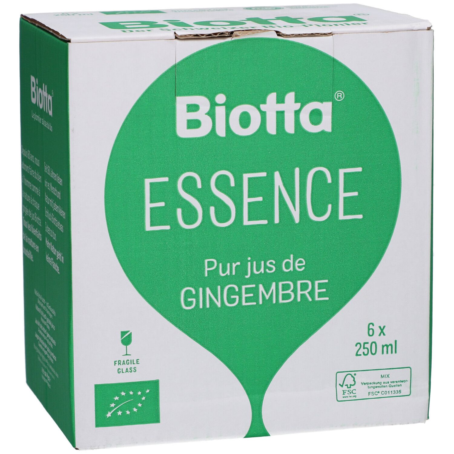 Karton mit "Biotta Essence" und "Pur jus de Gingembre" Aufdruck. Enthält 6 Flaschen à 250 ml. FSC-Zertifizierung.