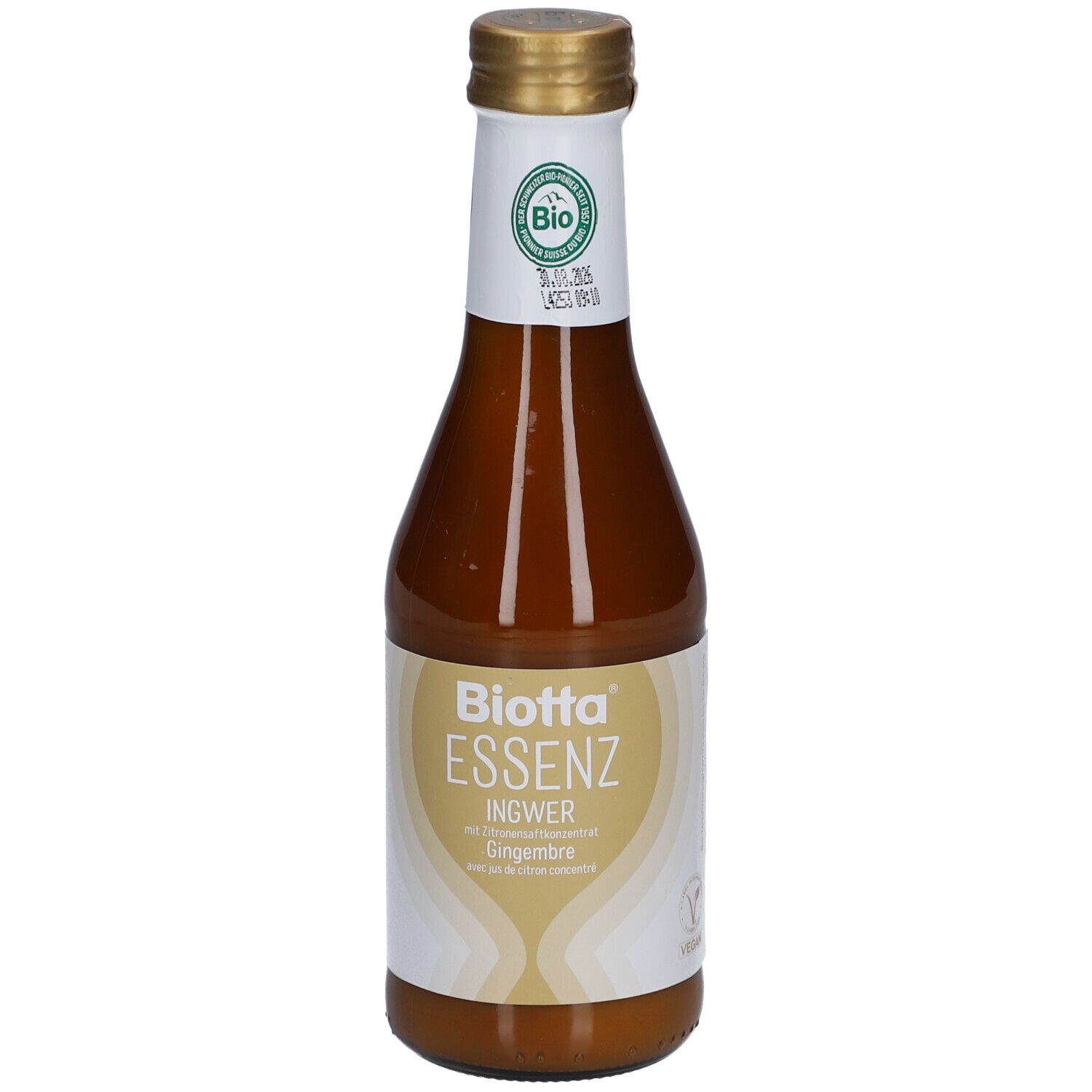 Braune Glasflasche mit goldfarbenem Verschluss. Etikett mit "Biotta Essenz Ingwer Bio". Bio-Siegel.