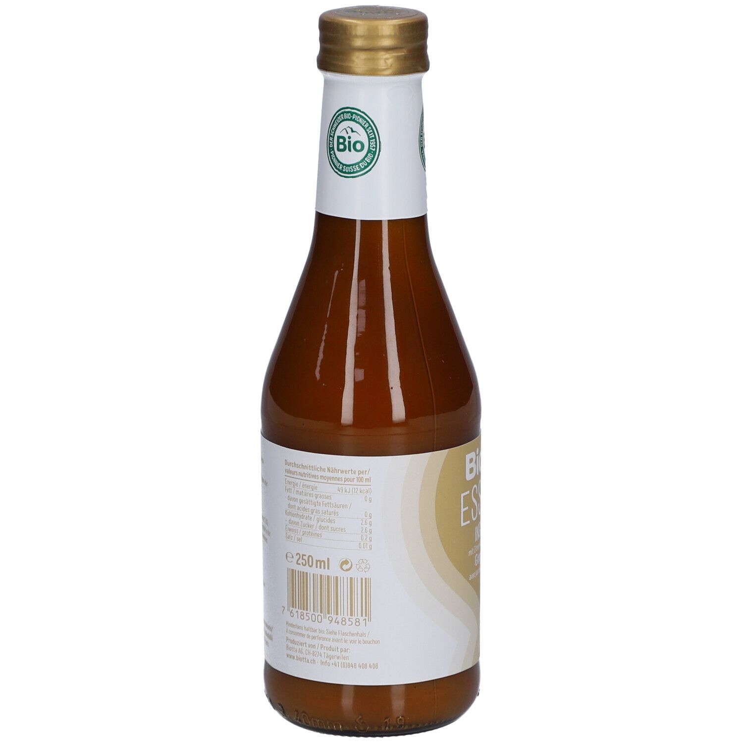 Rückseite der braunen Glasflasche. Etikett mit Nährwertangaben und Barcode. "Biotta Essenz Ingwer Bio".