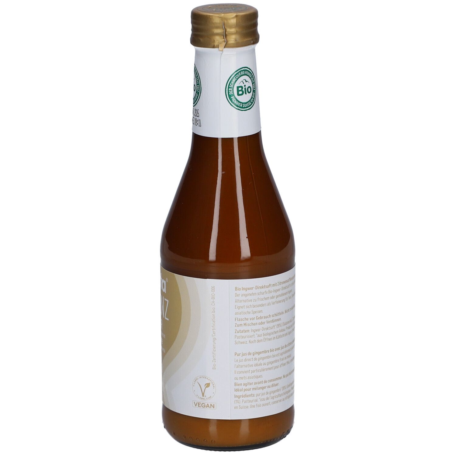 Rückseite der braunen Glasflasche. Etikett mit Vegan-Siegel. "Biotta Essenz Ingwer Bio".