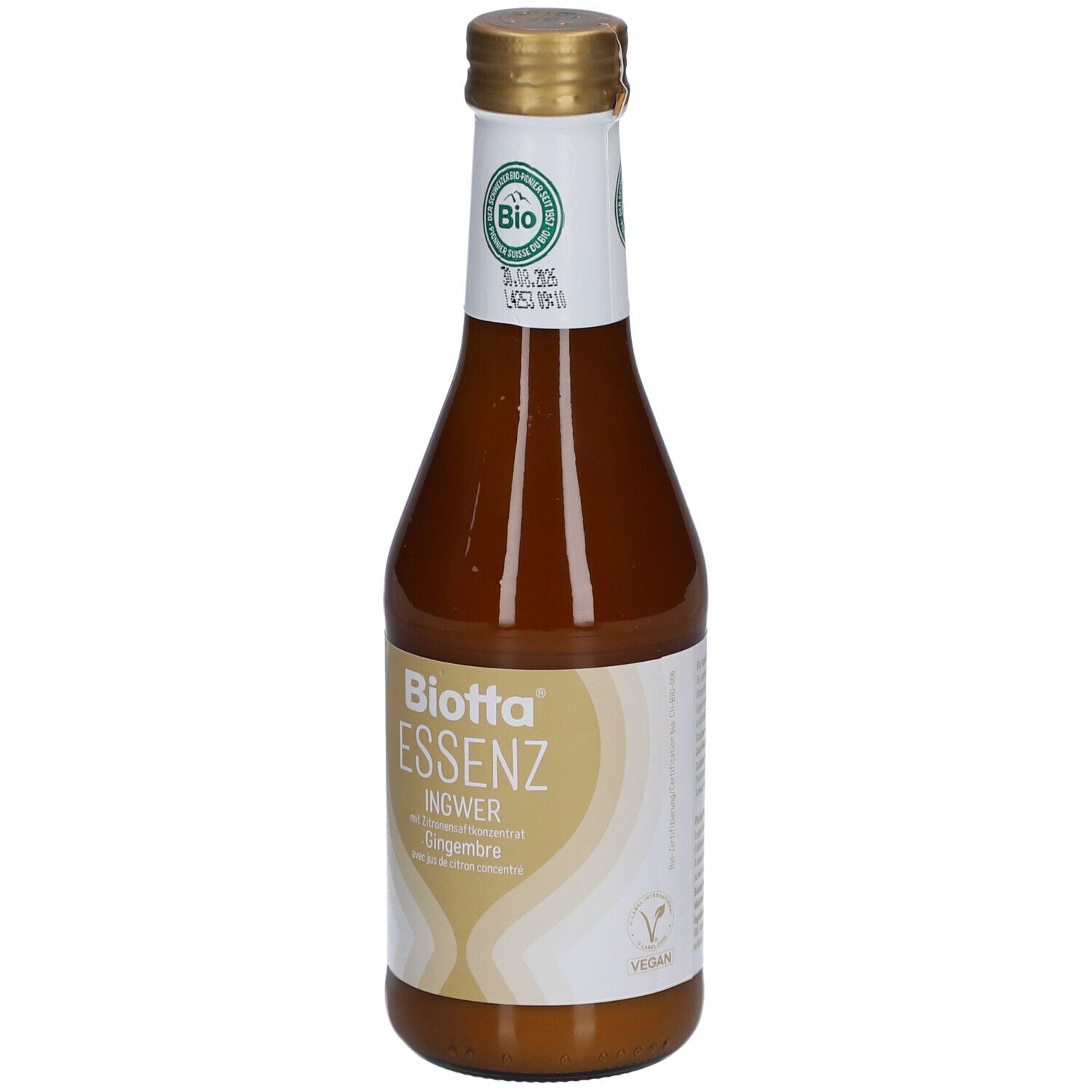 Braune Glasflasche mit goldfarbenem Verschluss. Etikett mit "Biotta Essenz Ingwer" und Bio-Siegel.