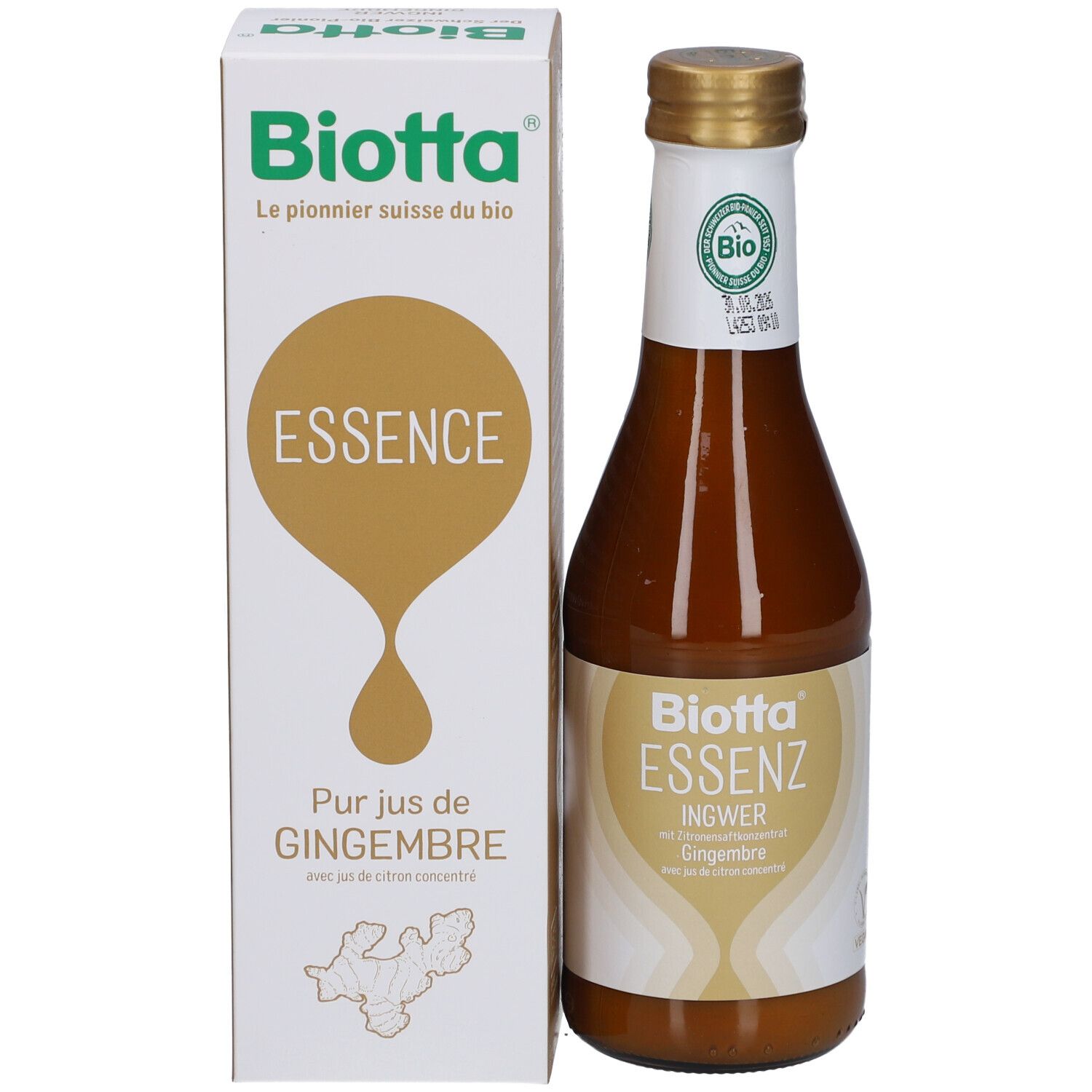 Produktverpackung: Flasche und Karton. Flasche: "Biotta Essenz Ingwer". Karton: "Essence" und Ingwer-Abbildung.