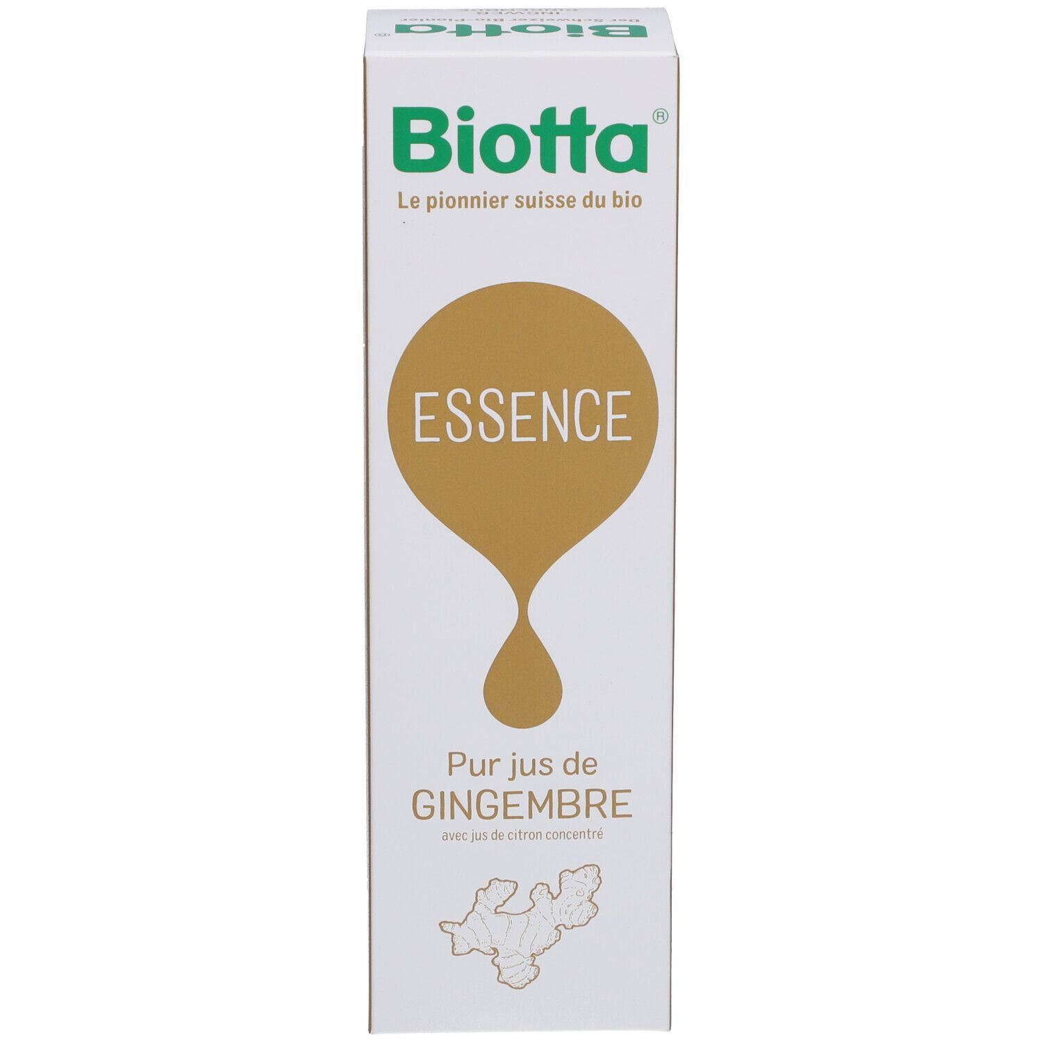 Kartonverpackung mit "Biotta Essence" und Ingwer-Abbildung. Text: "Pur jus de GINGEMBRE".