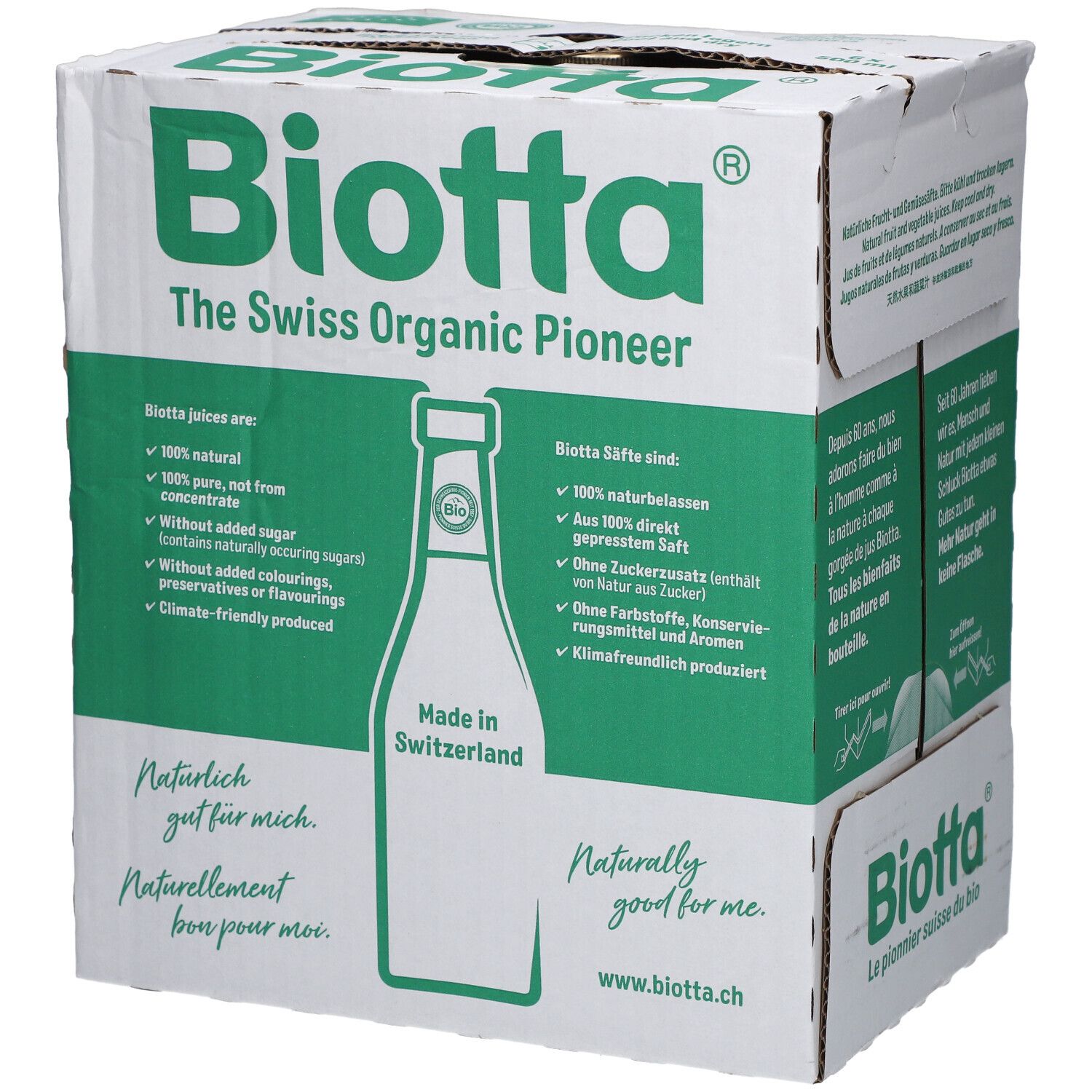 Karton BIOTTA mit grünen und weißen Elementen. Text: The Swiss Organic Pioneer, Made in Switzerland. Enthält 6 Flaschen.